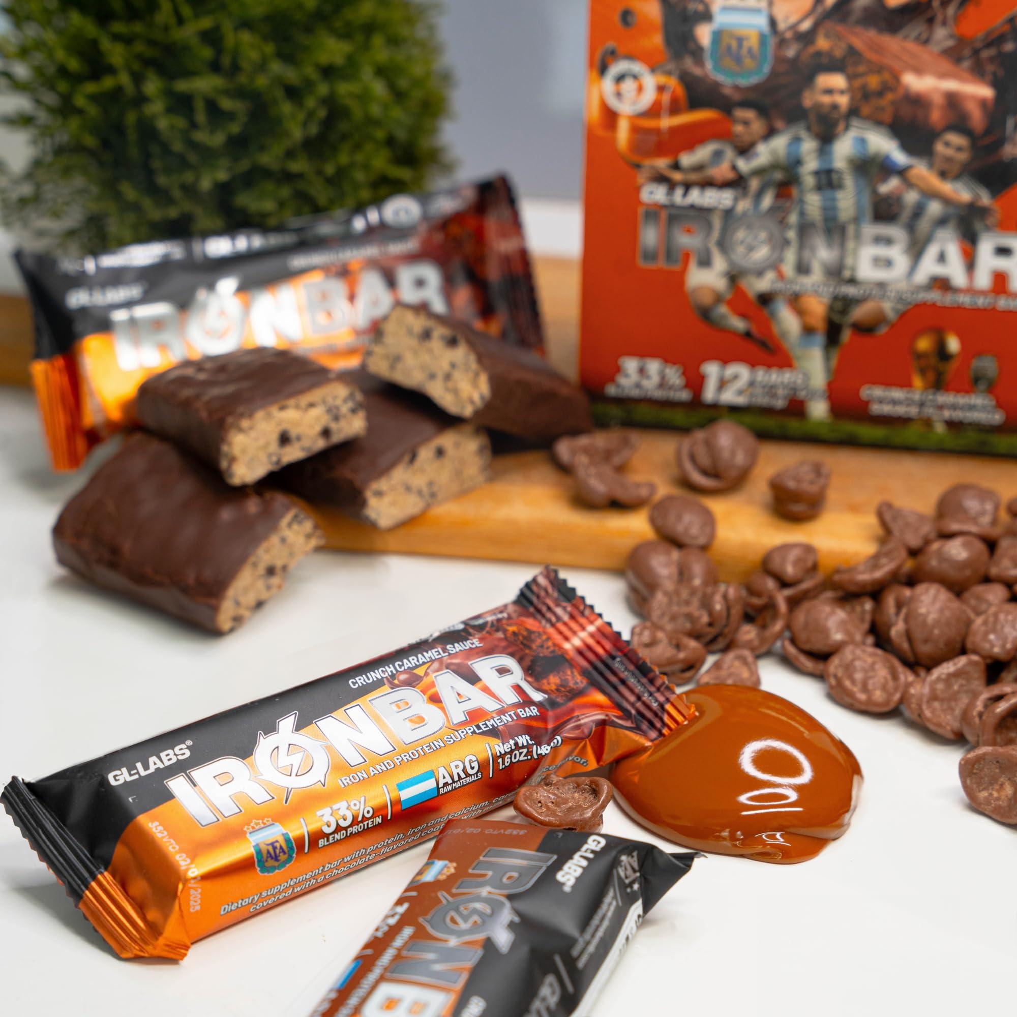 GL-LABS Iron Bar AFA Caramel Crunch - Argentine Dulce de Leche - Energy Protein Bars, High Protein, Natural flavor and Gluten Free 12 Count - Special edition Argentina World Champion