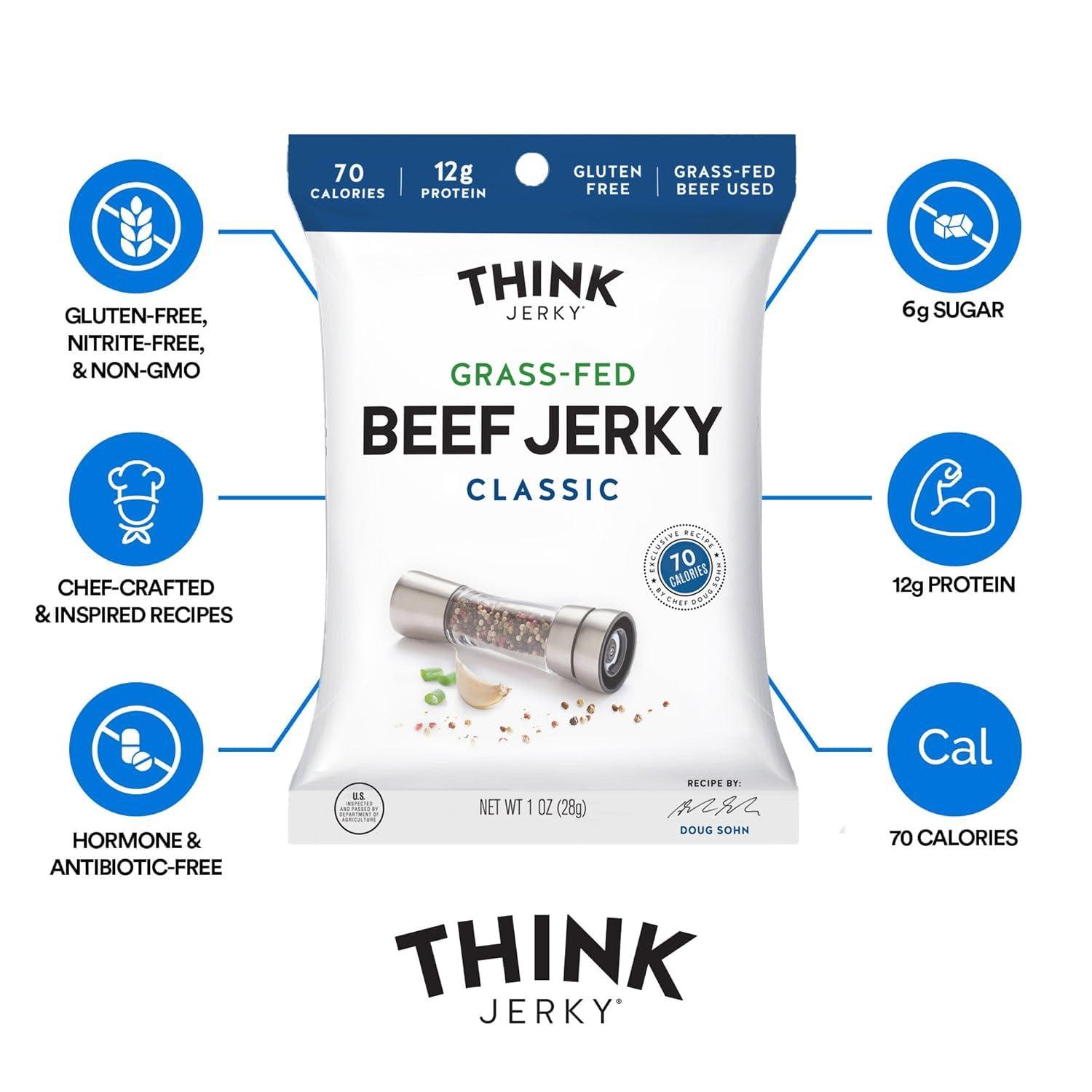 Think Jerky Think Jerky, Beef and Turkey Jerky Variety Pack (1.0 Ounce Bags, Pack of 8) Contains 2 Bags of Each: Classic Beef Jerky, Sweet Chipotle Beef Jerky, Sriracha Honey Turkey Jerky, and Sesame Teriyaki Beef Jerky - Healthy Jerky Snack, Low Calorie, Low Fa