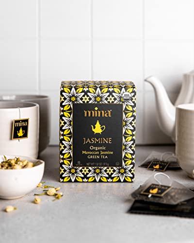 Mina Mina Organic Moroccan Jasmine Green Tea, 15 Biodegradable Sachets, Jasmine Scented Green Tea Bags with Enchanting Floral Essence, Refreshing Aroma, Enjoy Hot or Iced