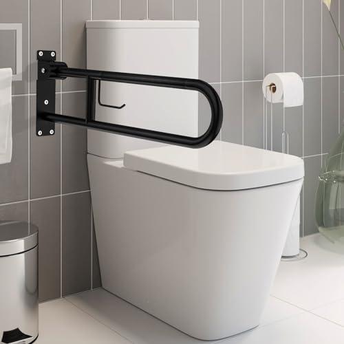 YuanDe Toilet Grab Bar 30.3 Inch, YuanDe Flip Up Grab Bar with Paper Holder,Matte Black Anti-Slip Safety Bars for Toilet, Stainless Steel Knurled Toilet Handles for Seniors Disabled Elderly Pregnant