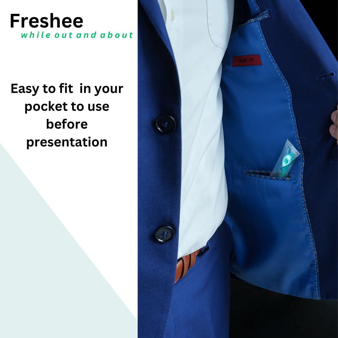 Freshee Freshee 5 in 1 Disposable Mini Toothbrush with Toothpaste + Floss + Pick + Tongue Scraper | Travel Size | Individually Wrapped | Soft | Mint | Travel Set | Oral Care