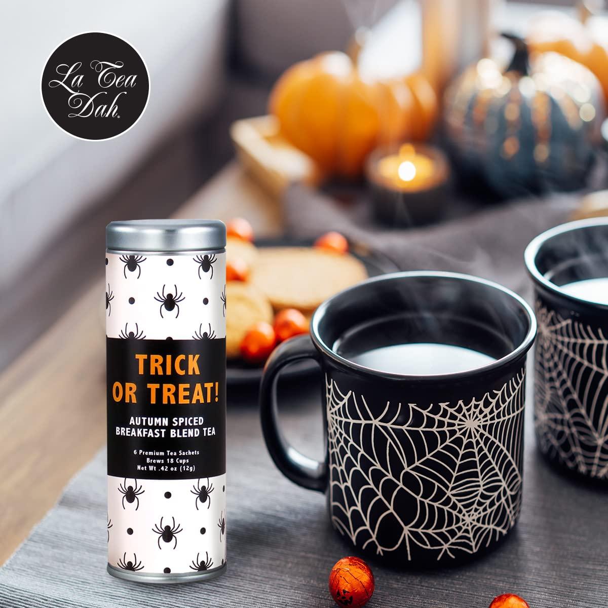 La Tea Dah Trick or Treat Gift Basket for Halloween by La Tea Dah, Warm Apple Cider Tea, Pumpkin Spice Breakfast Tea, and Two Honey Stirrers, Halloween Treats Non Candy, Gourmet Tea Gift Sets
