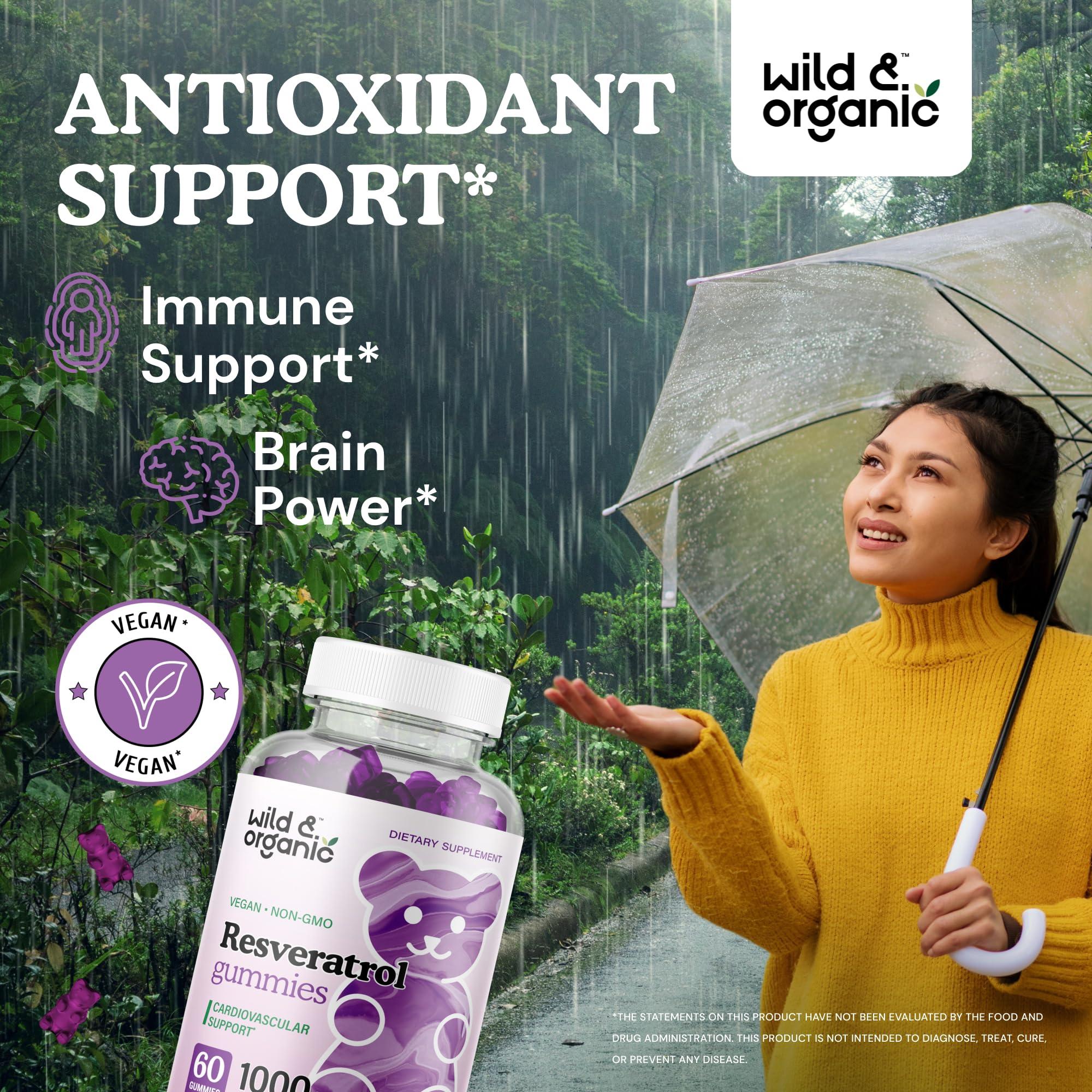 Wild & Organic Wild & Organic Resveratrol Gummies 1000mg - Trans Resveratrol Supplement for Antioxidant, Brain, Immune Support - 60 Vegan, Non-GMO Antioxidant Gummies