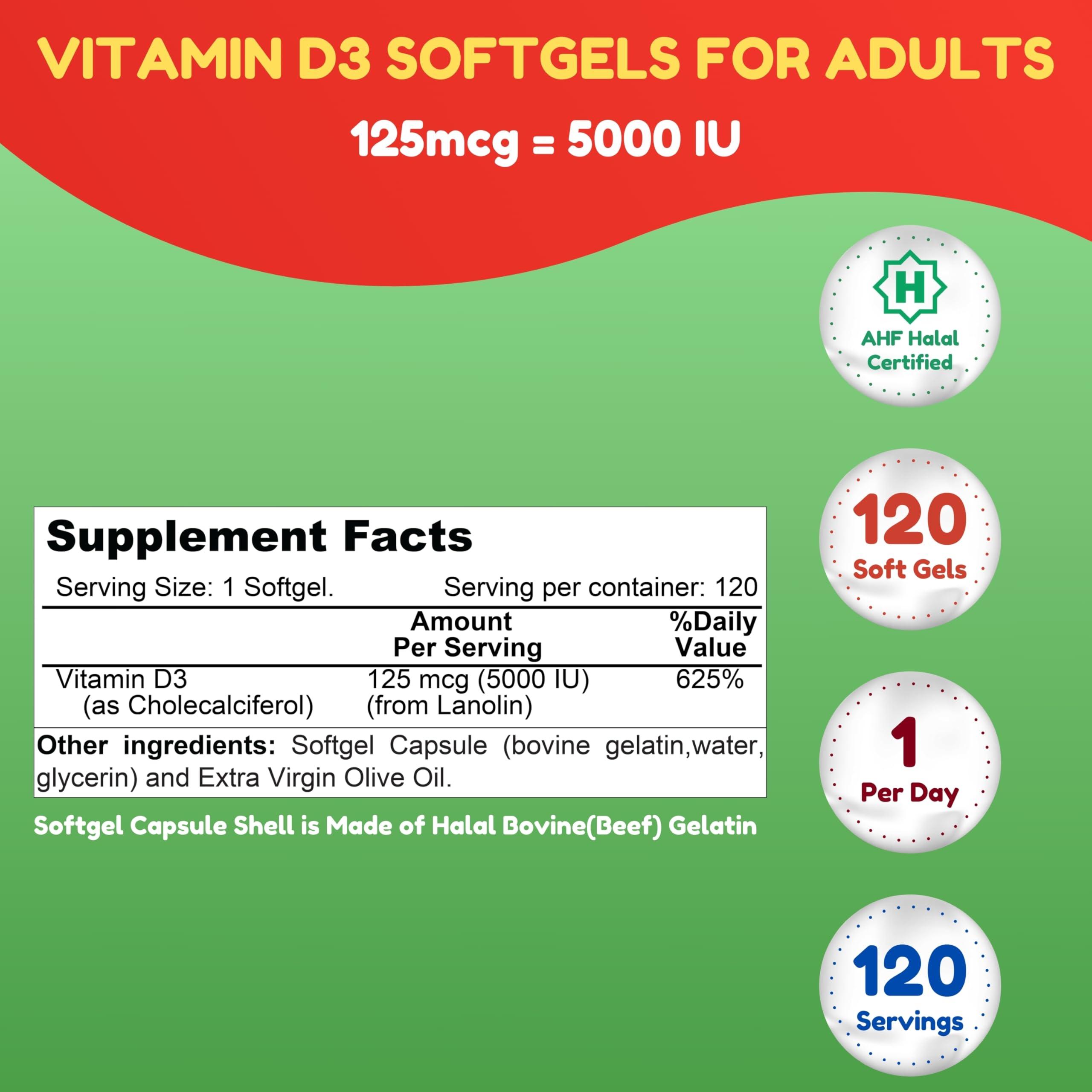 SHIFAA NUTRITION SHIFAA NUTRITION Halal Vitamin D, Halal Vitamin D3, 5000 IU Softgels, 120 Servings. Non-GMO, Gluten-Free, Supports: Structure, Bones, Teeth, Heart, Muscle & Immune Functions