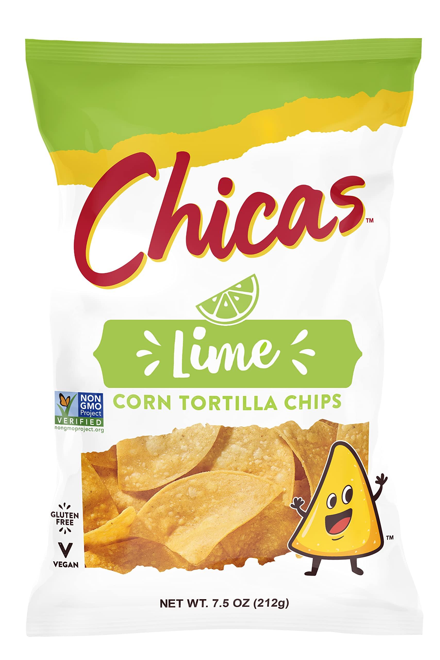 Chicas Chicas Tortilla Chips, White Corn Tortilla Chips Lime, Gluten Free, Vegan, Non-GMO, For Dips, Spreads & More, 7.5 Ounce Bag (Pack of 6)