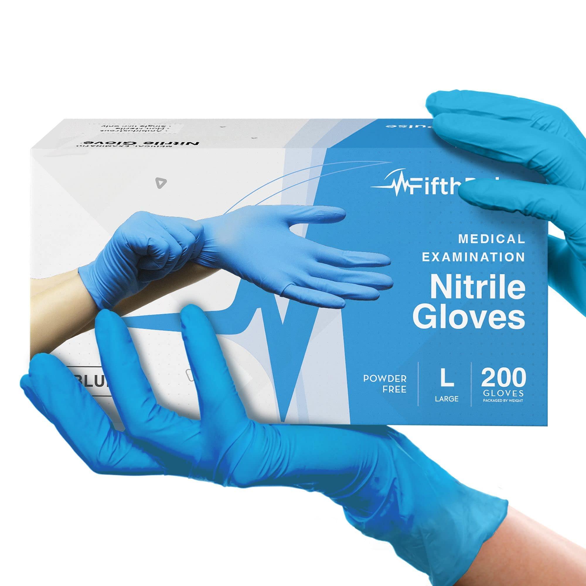 FifthPulse Blue Nitrile Disposable Gloves Large, 200 Count - Latex Free Medical Gloves, Dental and Surgical Grade - Powder Free Rubber Gloves