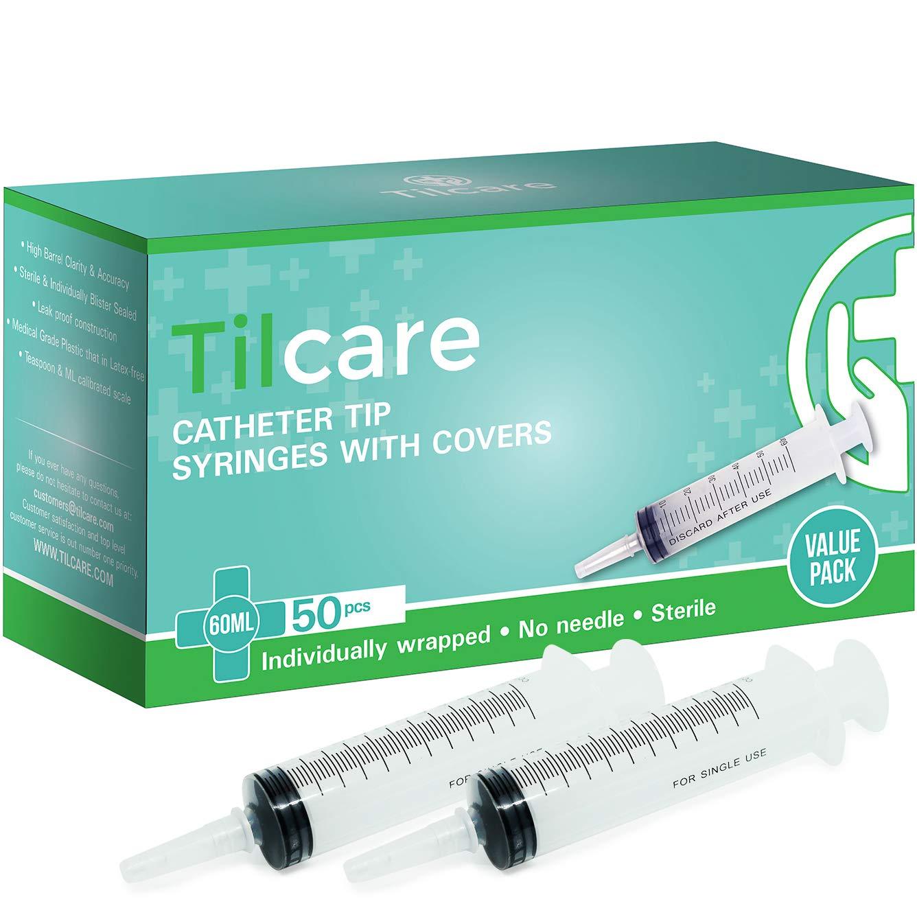 Tilcare 60ml Catheter Tip Syringe with Covers 50 Pack by Tilcare - Sterile Plastic Medicine Food Droppers for Children, Pets or Adults – Latex-Free Oral Medication Dispenser - Large Feeding Tube Syringes