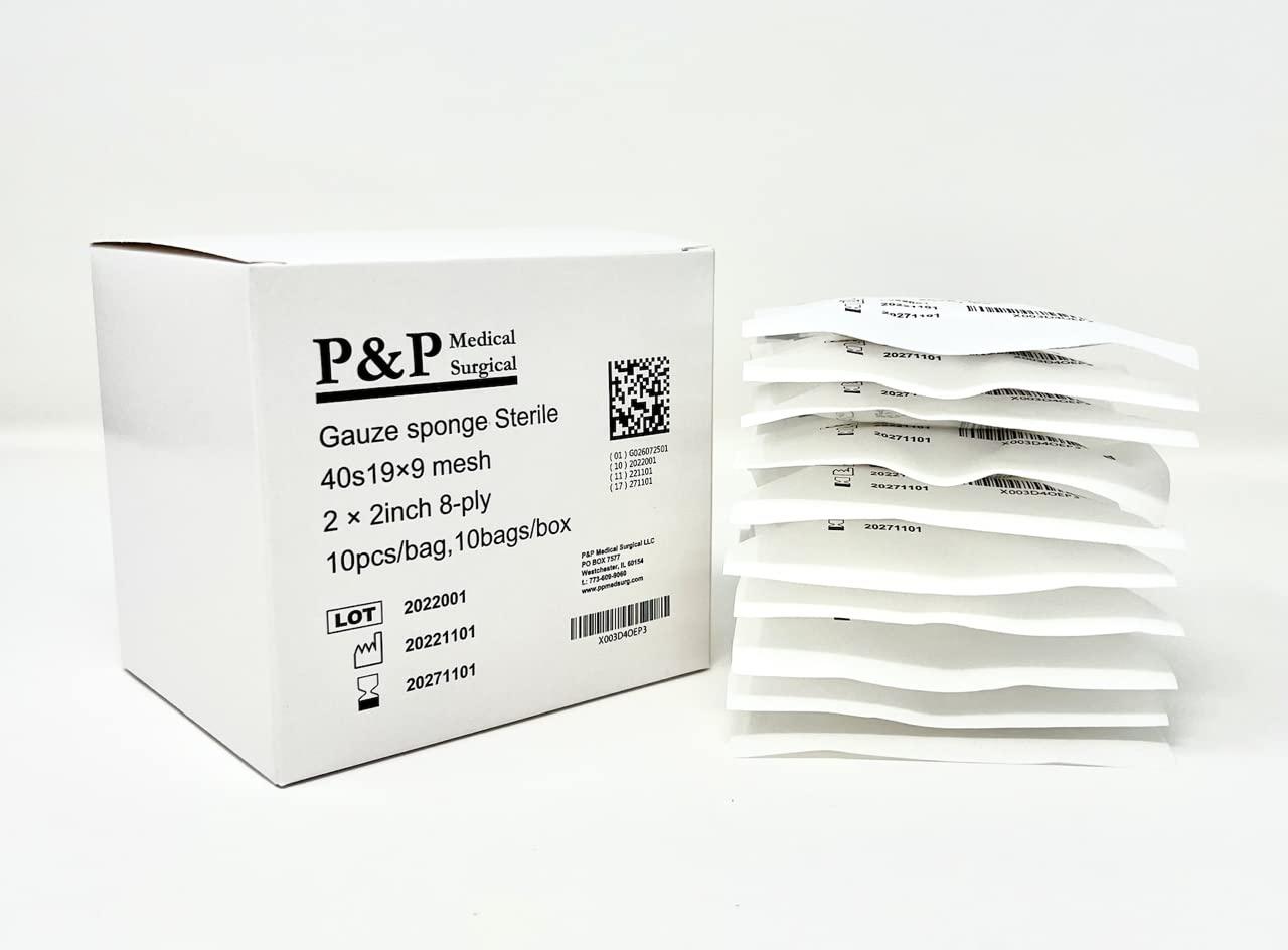 P&P Medical Surgical Gauze Surgical Sponges Cotton STERILE Woven 8-ply High Grade Quality 2\"x2\" Class I(a) All Purpose Pads Box of 100