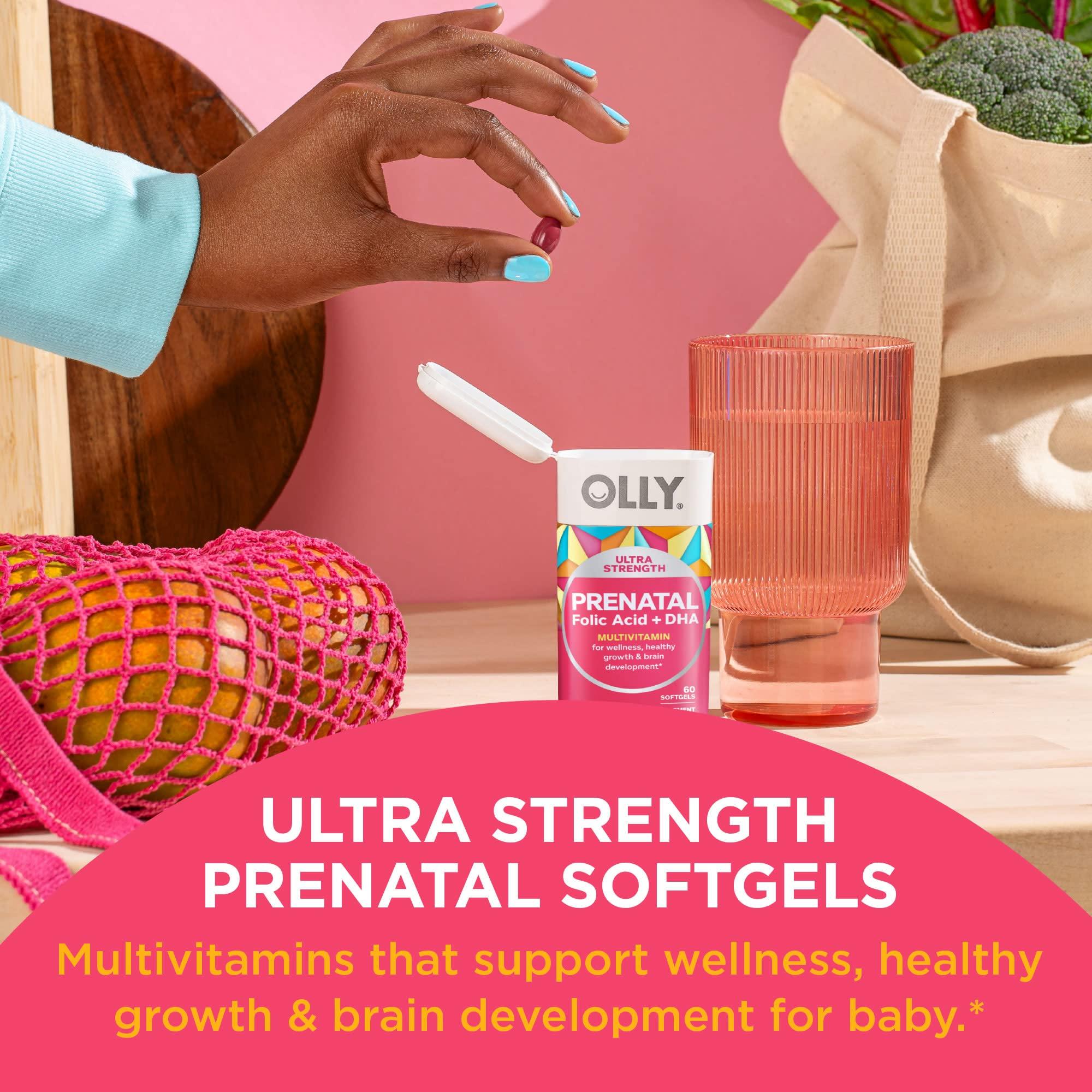 OLLY OLLY Ultra Strength Prenatal Multivitamin Softgels, Supports Healthy Growth, Brain Development & Ultra Strength Hair Softgels, Supports Hair Health, Biotin, Keratin, Vitamin D, B12