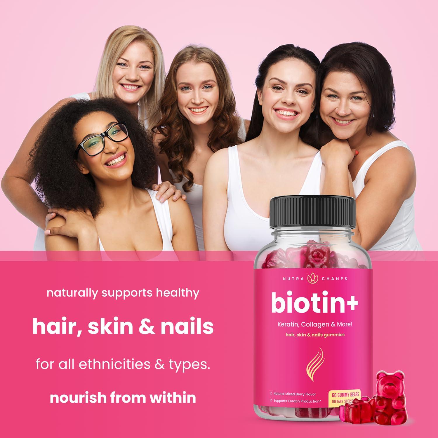 NutraChamps Hair Skin & Nails Gummies | Biotin with Collagen & Keratin | 5000mcg Biotin Beauty Complex | Vitamin Supplement | Berry | 120 Count for Women & Men | Healthy Hair, Radiant Skin & Strong Nails (2 Pack)