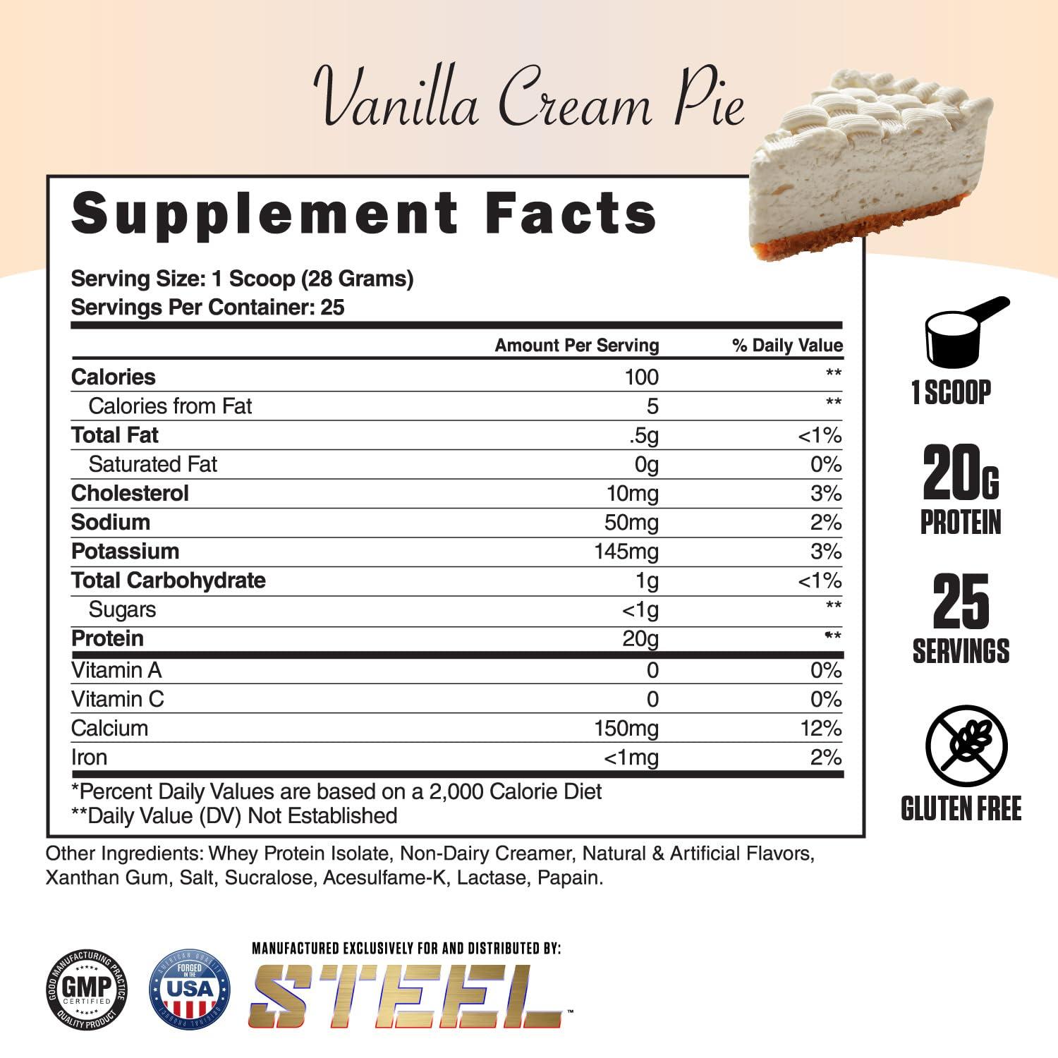 Steel Supplements Steel Supplements Whey-Iso | Whey Isolate Protein Powder | Fast Absorbing | Lean Muscle Growth | Easy Digestion | Gluten Free | Low Carb | 25 Serving (Vanilla Cream Pie)