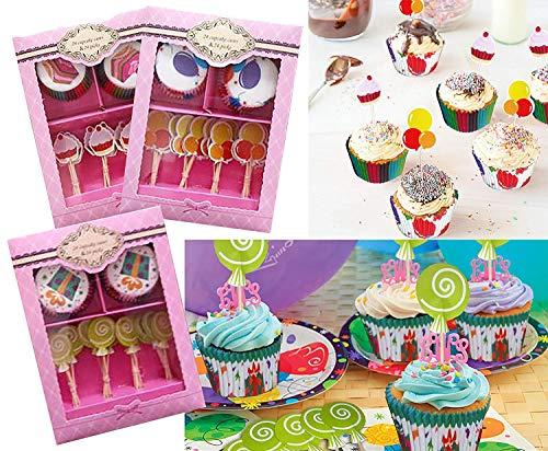 Decor Hut Cupcake Liners with Matching Cake Toppers in Gift Box! Party Decorations Baking Fun for Kids, Fun Designs! Bright Colors! (GIFT BOX)