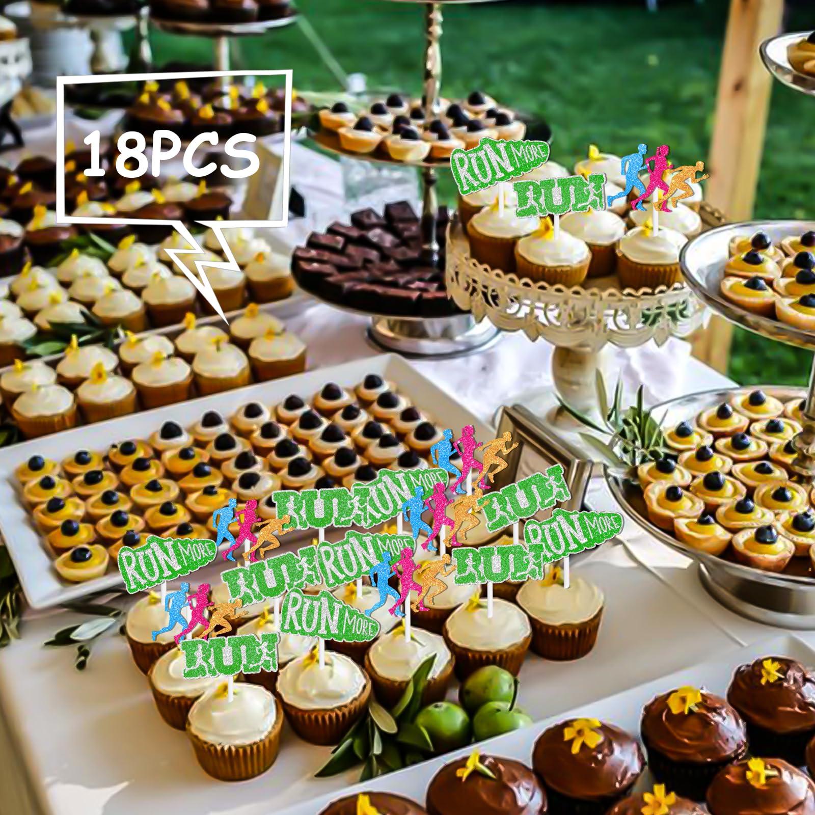 LETLIMIT 18pcs Glitter Run Dessert Cupcake Topper Pace Running Track Cross Country Marathon Theme Decorations Men Women Boys Girls Happy Birthday Party Decor Supplies