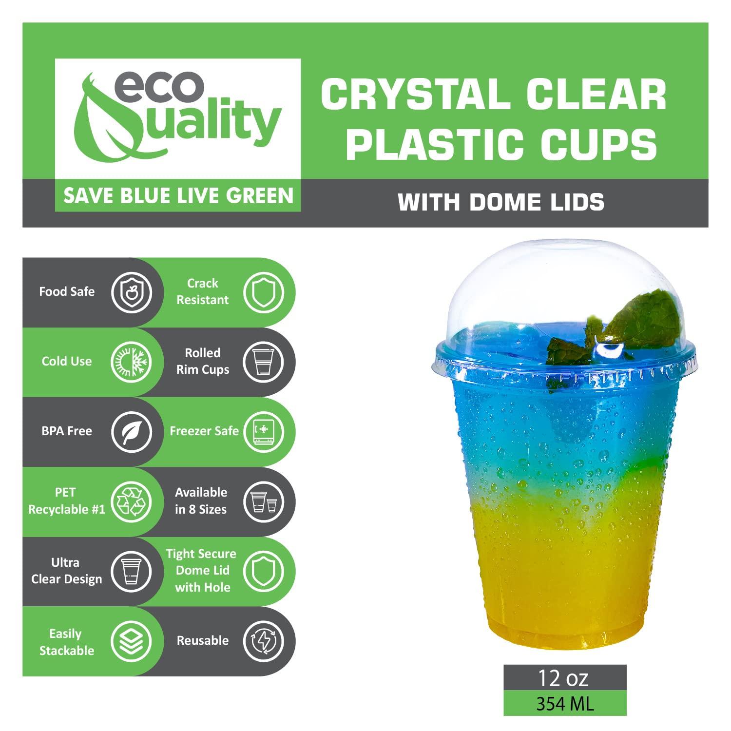 EcoQuality 12 oz Cups 300 Pack | Iced Coffee Go Cups and Dome Lids | Cold Smoothie | Plastic Cups with Dome Lids | Clear Plastic Disposable Pet Cups | Ideal for Coffee Parfait Juice Soda Cocktail Party Cups