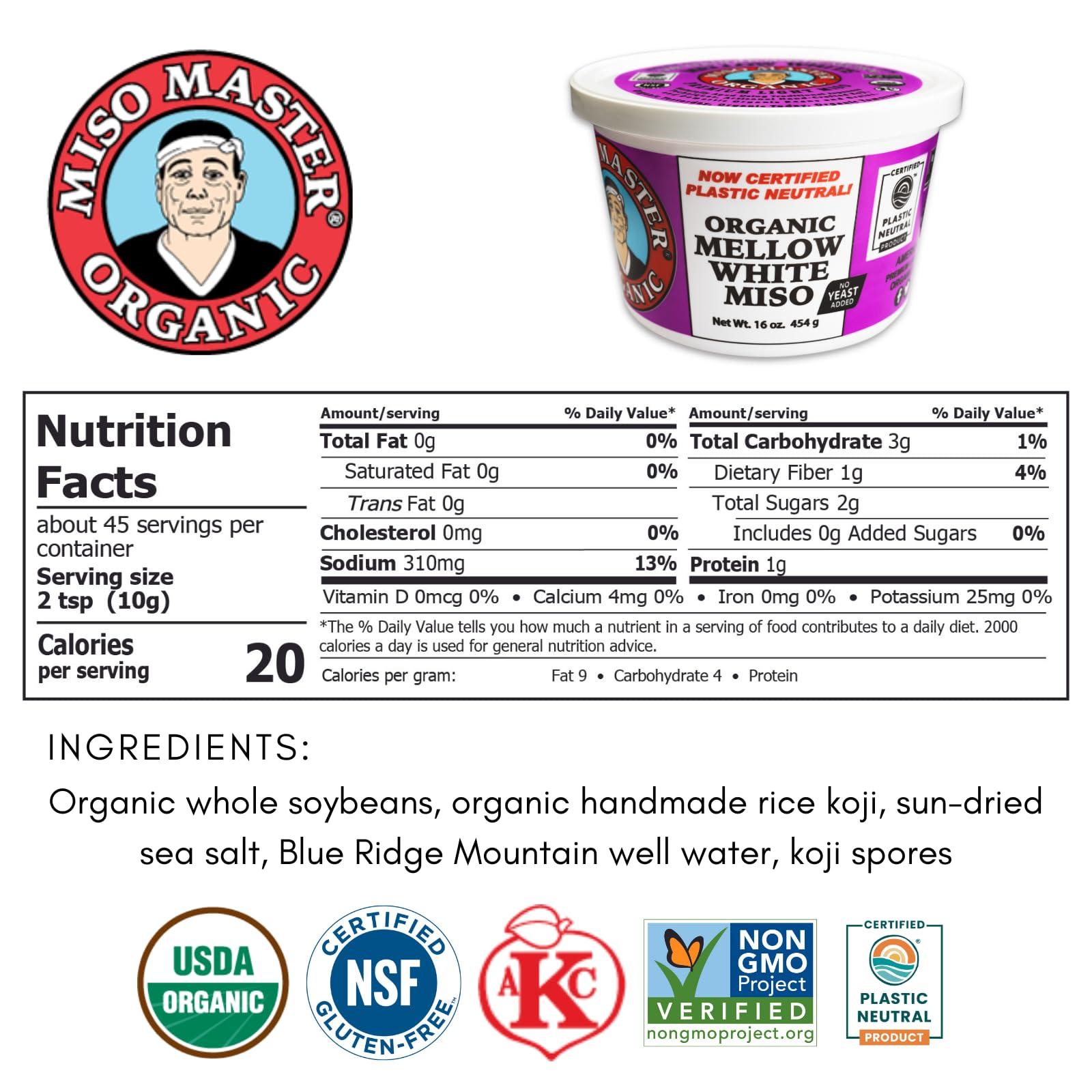 MISO MASTER ORGANIC Miso Master Organic Mellow White Miso, Gluten-Free, Organic, Non-GMO, Vegan, Kosher, Vegan White Miso Paste, 16 oz tub
