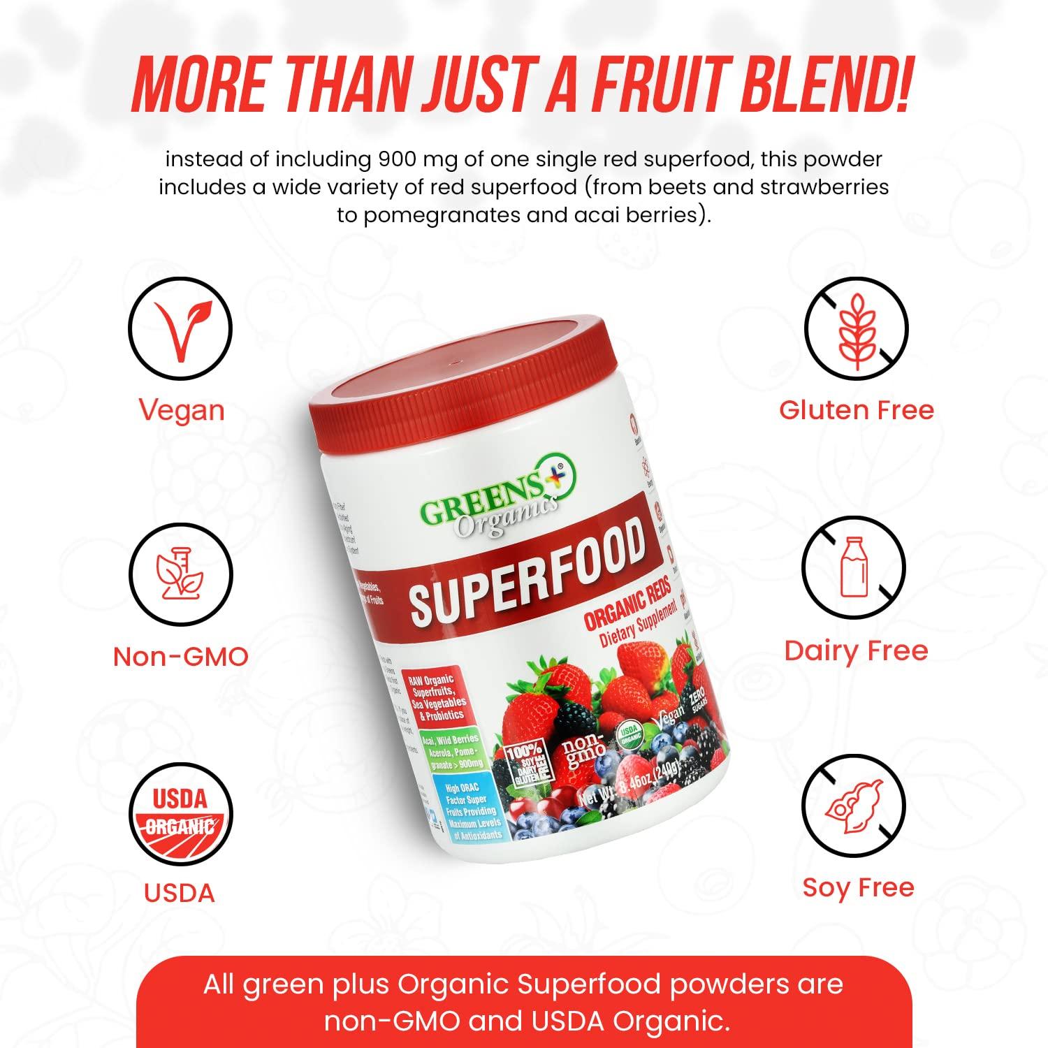 Greens+ Greens+ Organic Reds Superfood Powder Organic RAW Superfood Powder Immune Support Energy Boost, Nutrition, Vibrant Health, Dietary Supplement, Vegan, Soy/Dairy/Gluten Free
