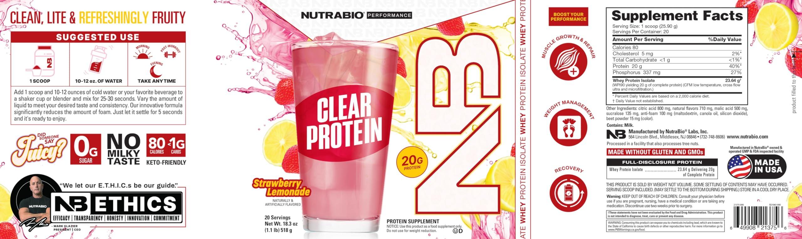 NutraBio NutraBio Clear Whey Isolate Protein Powder, Delicious & Refreshing Fruit Flavors, Protein Juice, No Milky Taste, No Foam, Zero Sugar, Strawberry Lemonade, 20 Servings