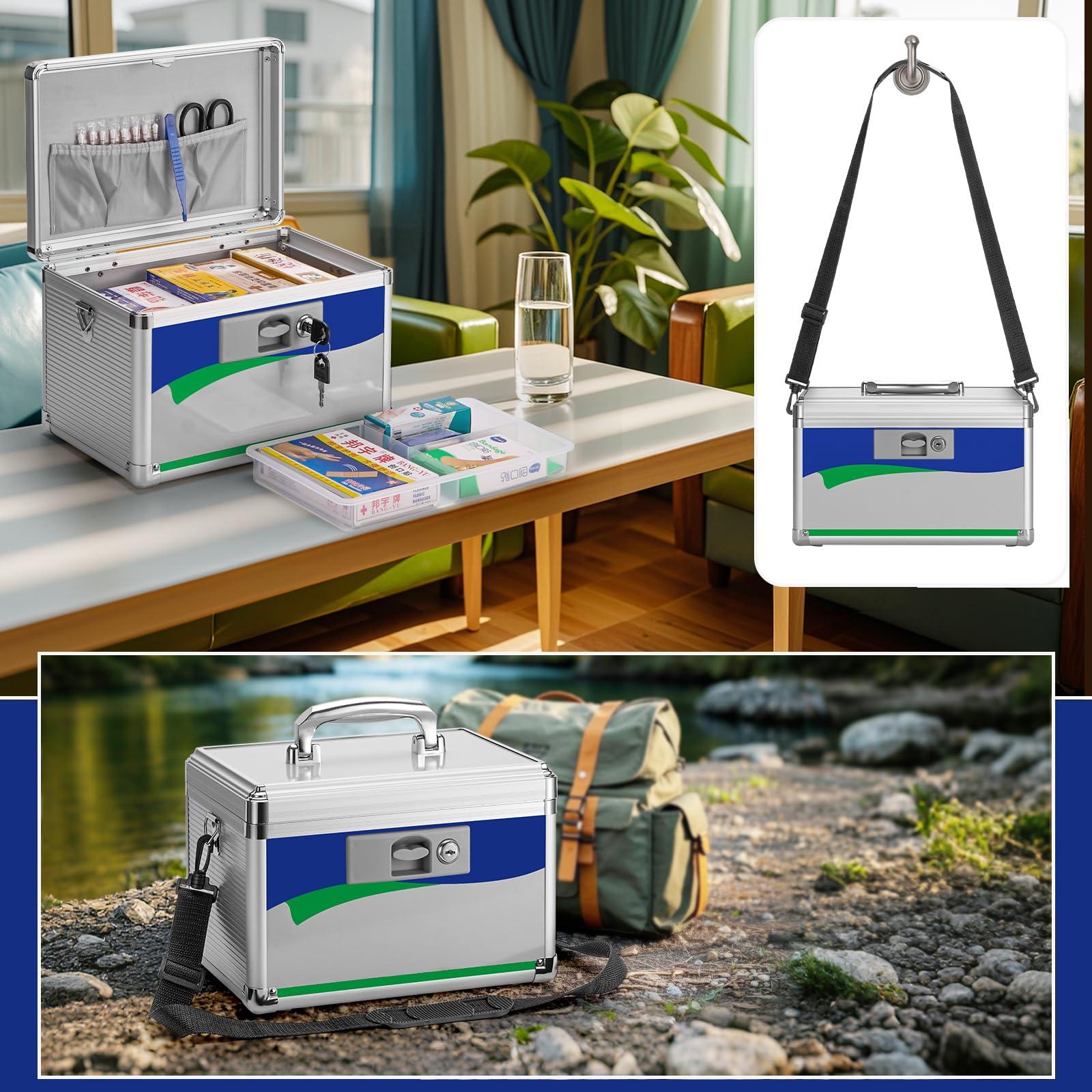 GODLONSEN GODLONSEN Medicine Lock Box for Safe Medication - 15 x 8.7 x 9.4 Inches - Lockable Storage Box for Drugs, First Aid Kit Empty, Lock Boxes with Key for Home/Outdoor (Blue/X-Large)