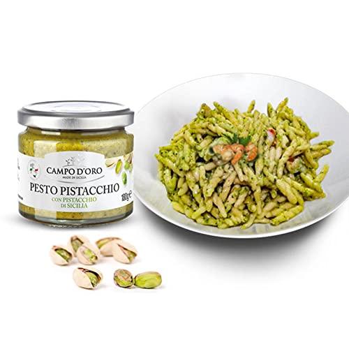 CAMPO D'ORO Pistachio Pesto, Paste, UnSweetened, Sicilian Pesto Sauce, Savory, Creamy, Spreadable, 6.35oz, Sicily, Italy. By Campo D\'Oro