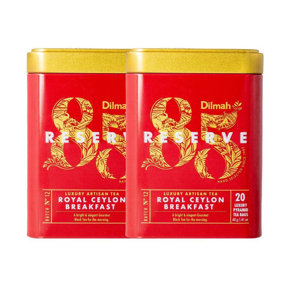 Dilmah Dilmah 85 Reserve Royal Ceylon Breakfast Black Tea Tin Caddy- Pack of 2 -Total 40 Triangular/pyramid Luxury tea bags -Bold, brisk, regal, bright & elegant morning tea