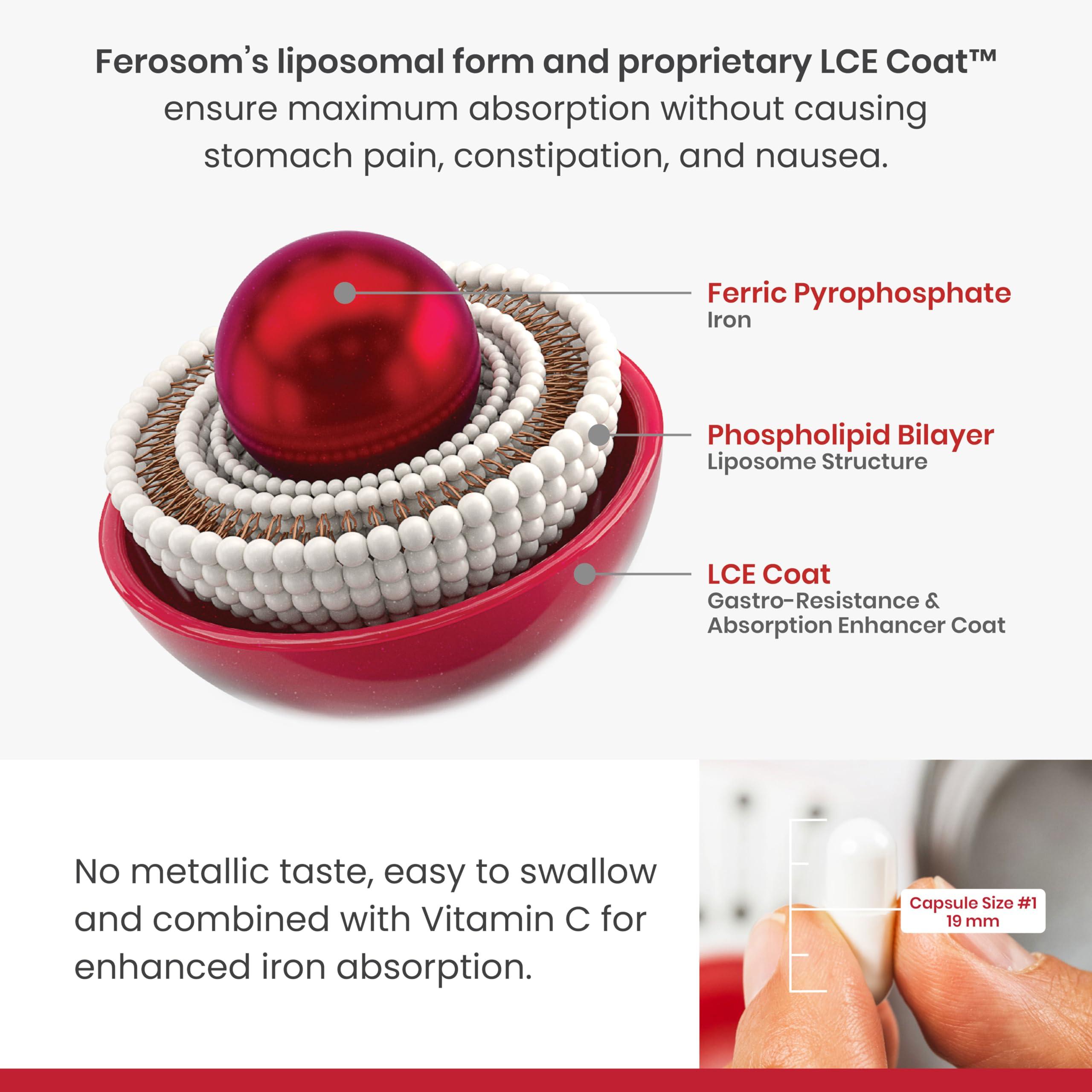 FEROSOM FORTE Ferosom Forte LCE Liposomal Iron  Iron Supplement Capsule Gentle on The Stomachs  30g Elemental Iron with Vitamin C  Easy to Swallow Iron Pills for Women and Men, 30 Vegan Iron Capsules