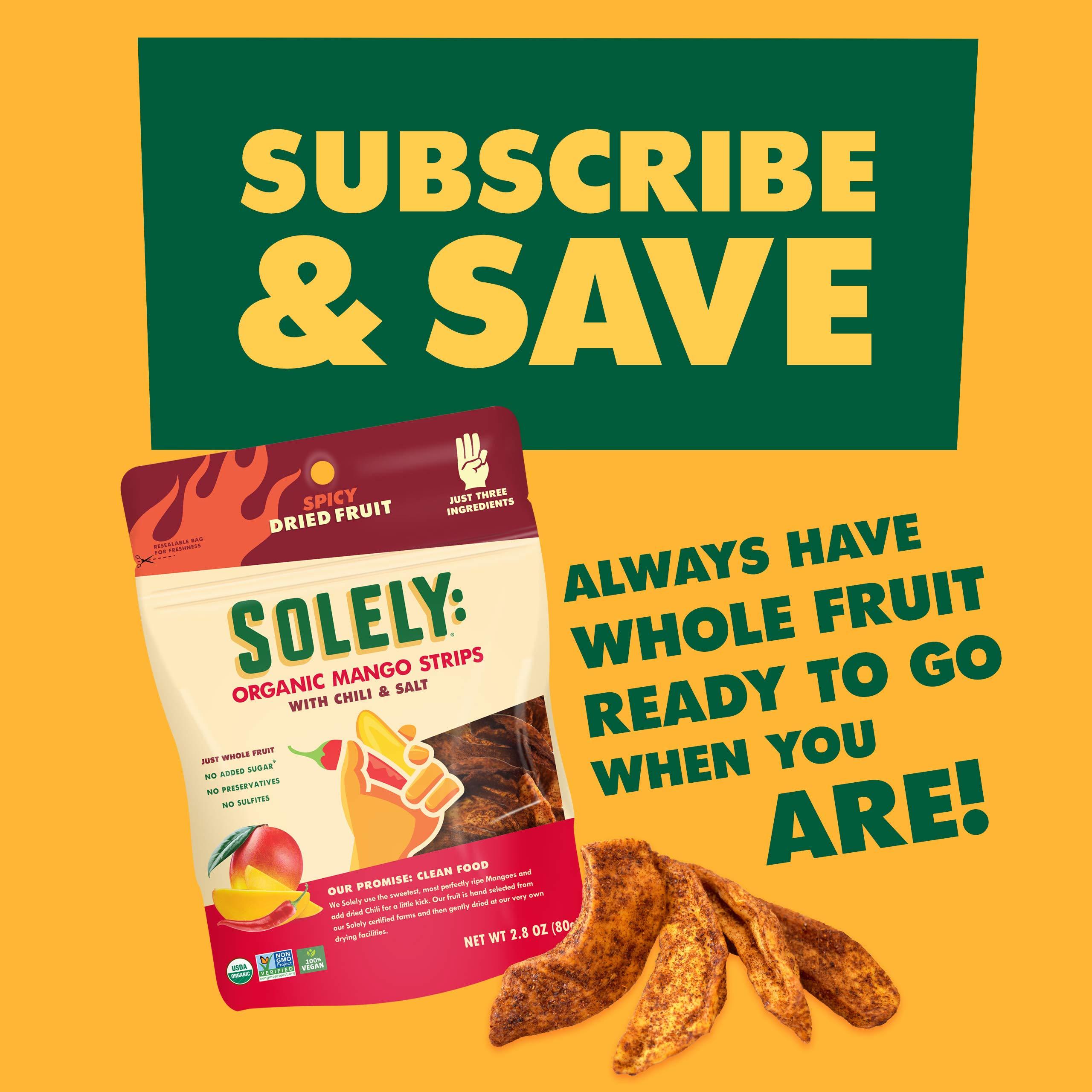 SOLELY SOLELY - Organic Dried Mango Strips with Chili and Salt (2.8 oz Resealable Bags, Pack of 8) Real Fresh Fruit - Healthy Snacks for Adults & Kids - Non GMO, Vegan Snacks, Shelf Stable - 8 Bags (22.4 oz)