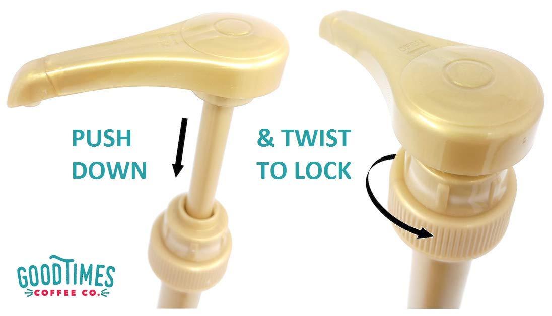 Good Times Coffee Co. Gold Coffee Syrup Pump for 750 ml Bottles (Pack of 4) Fits Upouria, Torani, Davinci, Jordans Skinny Syrups, and (Monin 1 Liter Plastic Bottles Only)