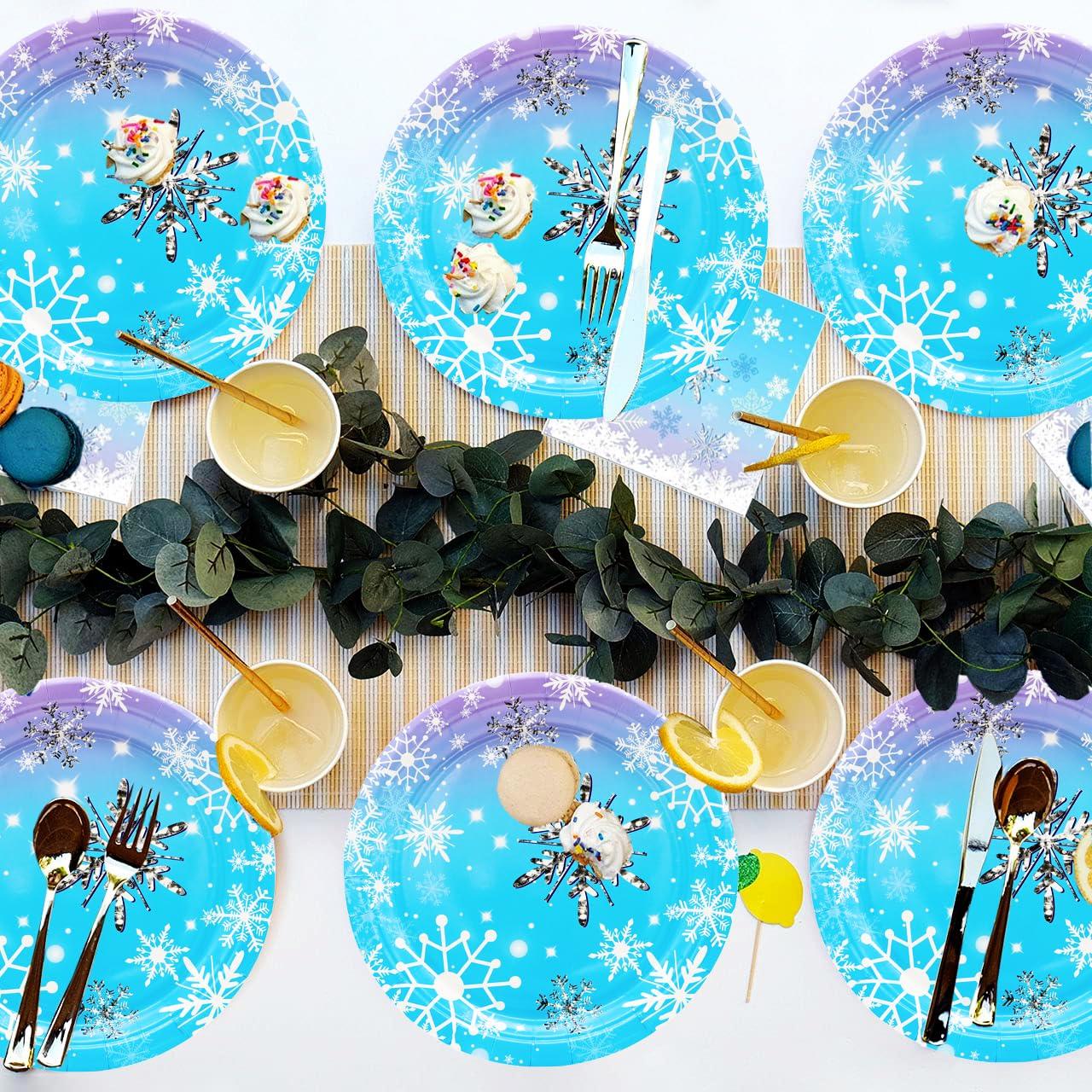 GOGUOGOFA 50Pcs Frozen Snowflake Party Supplies,Snowflake Paper Plates,7\"Snowflake Plates Disposable Chrisstma Plates for Winter Snowflake Theme Wonderland Holiday Xmas Snowflake Birthday Party Decor(Blue)