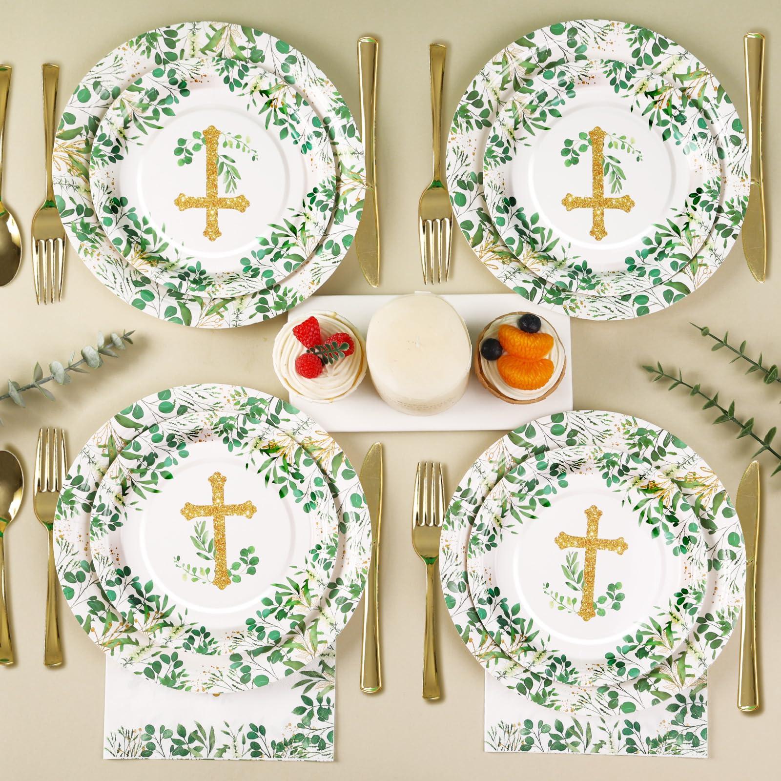 joy akkess 175 PCS Baptism Plates and Napkins Party Supplies - Baptism Decorations for Boys - God Bless Disposable Paper Plates First Communion Plates for Christening Baby Shower Party Decorations