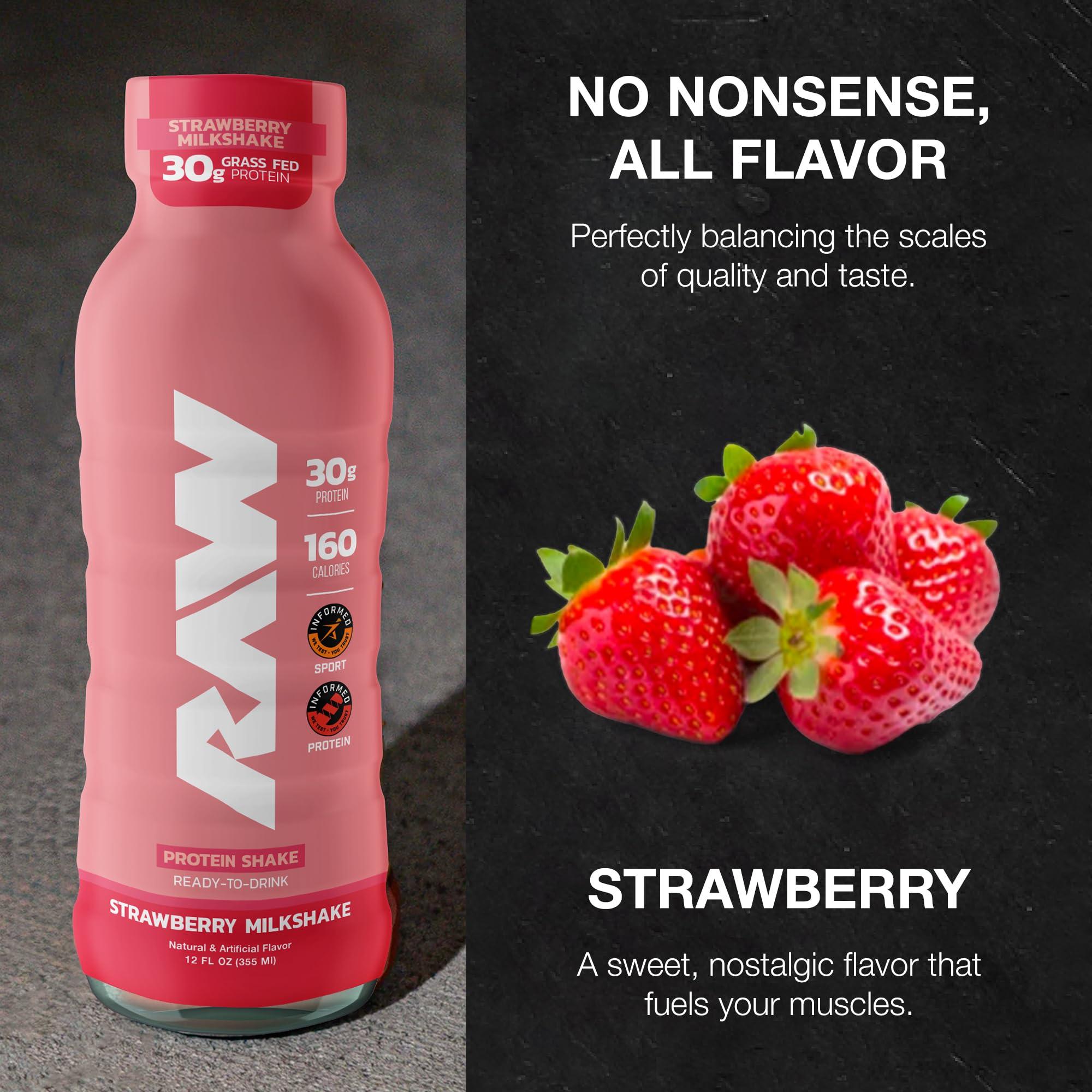 RAW RAW Ready-to-Drink Protein Shake, Strawberry - RTD Protein Drinks with Grass-Fed Whey Protein Isolate for Post-Workout - Zero-Sugar & Gluten-Free Meal Replacement Drink & Breakfast Shake, 12 Fl Oz