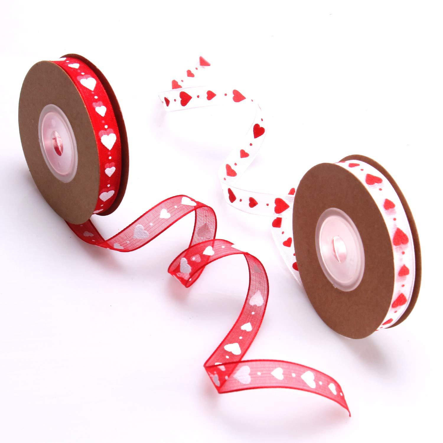 Mayam Mayam Valentine\'s Day Ribbons Heart Ribbons Craft Ribbons for ValentineWedding Craft, 2 Rolls (red and White)