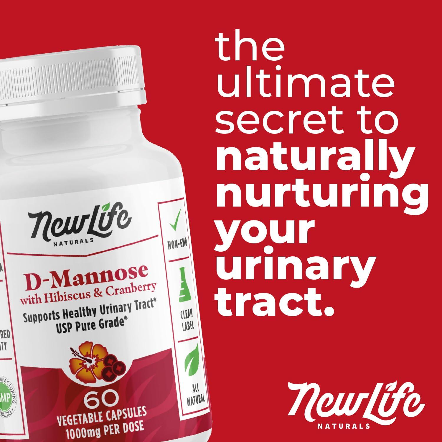 NewLife Naturals NewLife Naturals D-Mannose Capsules | w/Cranberry and Hibiscus Extracts | Natural Urinary Tract Health Supplement | 1400mg Pure Veggie Powder | 60 Veggie Capsules