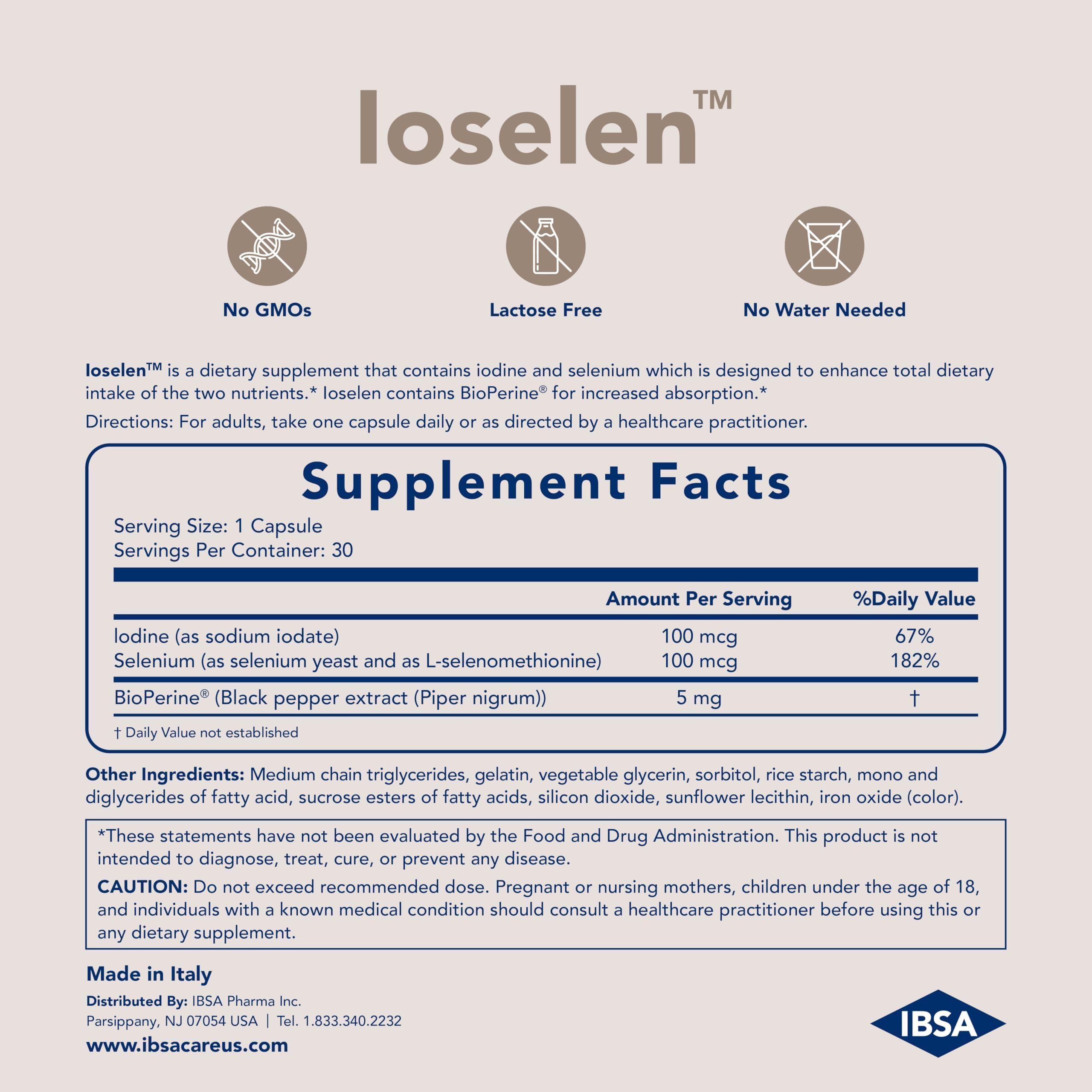 Ibsa Ioselen - Thyroid Support Supplement 100 mcg Selenium, 100 mcg Iodine, 5mg BioPerine - 30 Soft-Gel Caps for Increased Bioavailability and Absorption - Gluten-Free, Lactose-Free, Sugar-Free, Non-GMO