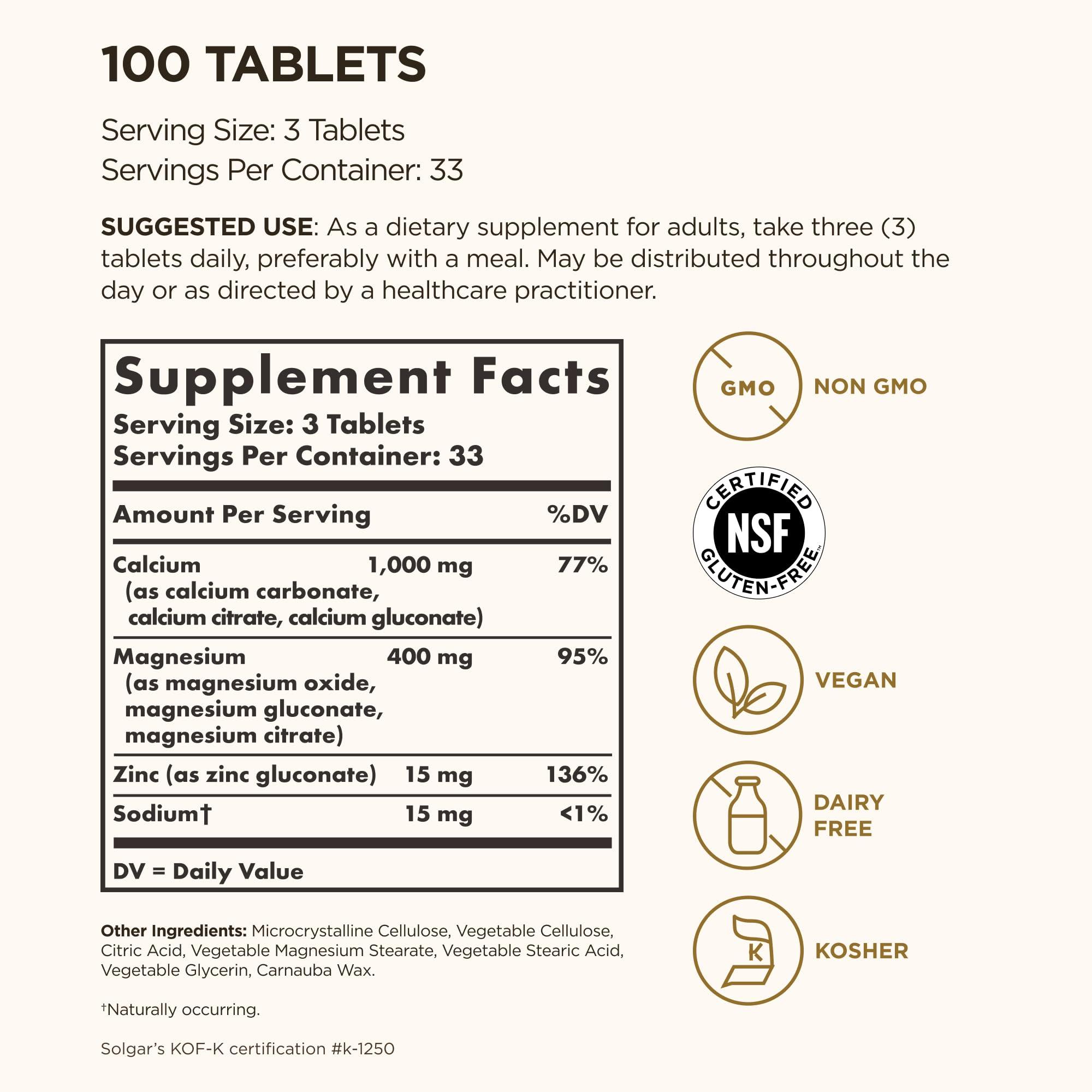 Solgar Solgar Calcium Magnesium Plus Zinc, 100 Tablets - Promotes Healthy Bones and Teeth - Supports Nerve & Muscle Function - Non GMO, Vegan, Gluten Free, Dairy Free, Kosher, Halal - 33 Servings