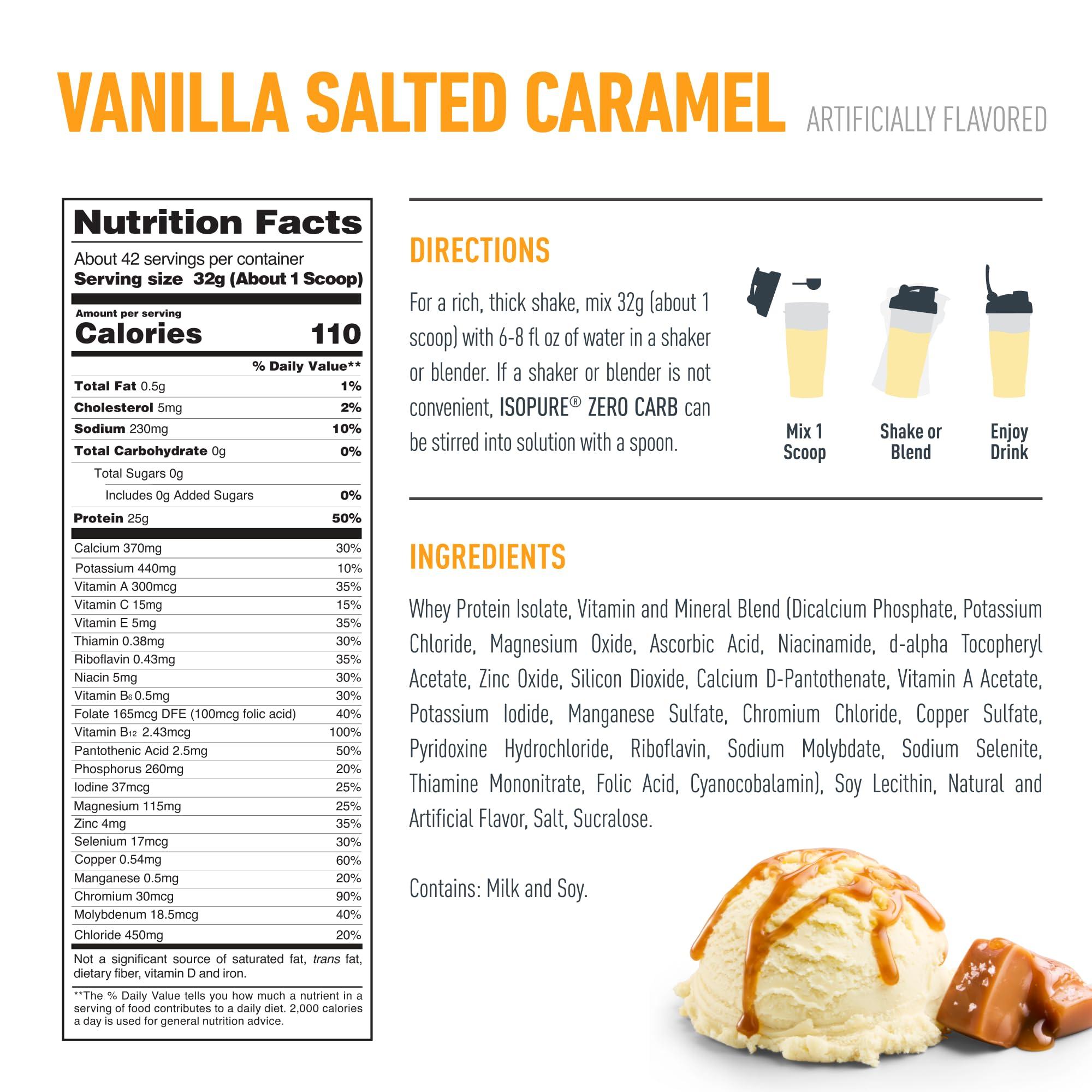 Isopure Isopure Zero Carb 100% Pure Whey Isolate Protein Powder, Lactose Free, Gluten Free, With Vitamins, Vanilla Salted Caramel, 25g Protein Per Serving, 3 Lbs, 42 Servings