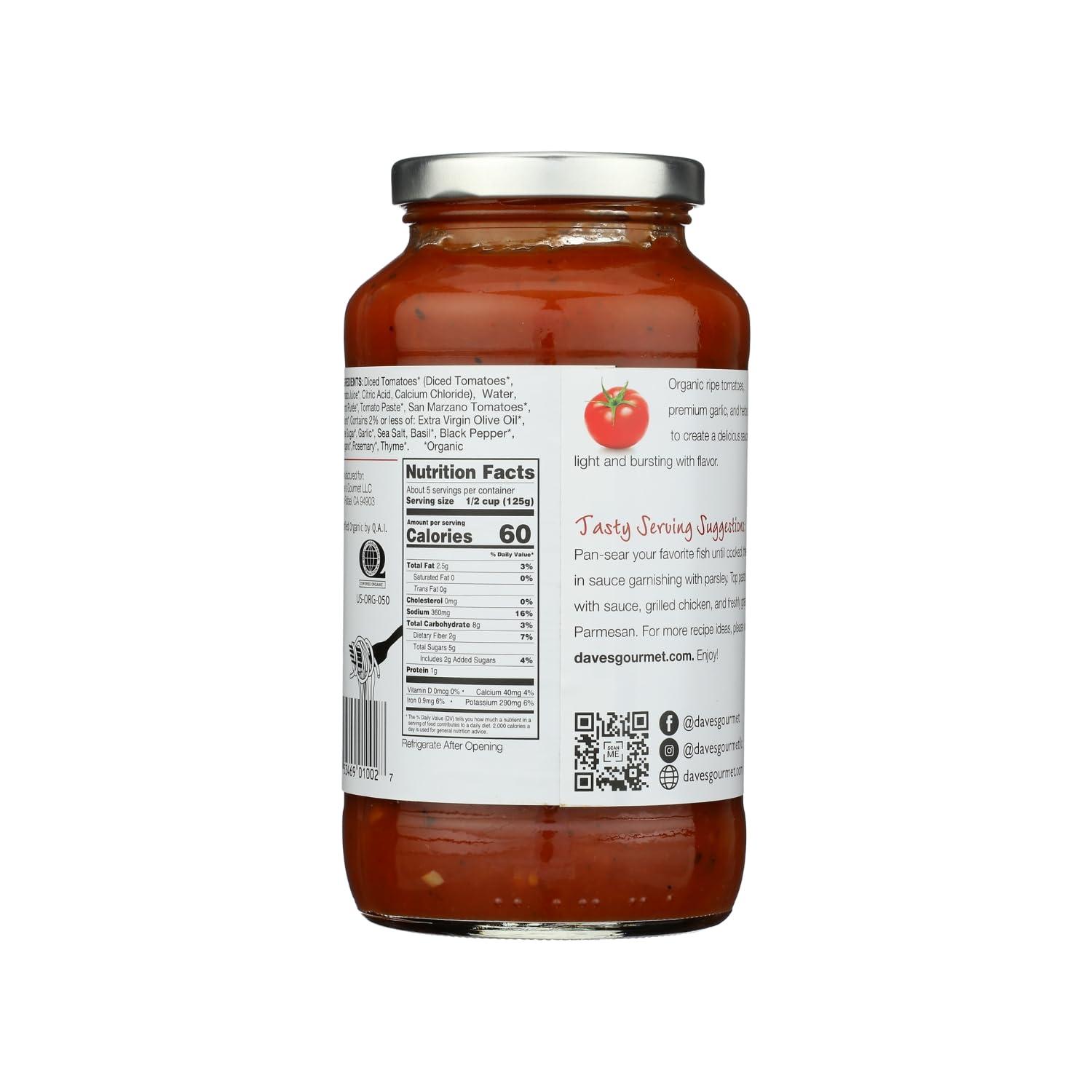 Dave's Gourmet Dave\'s Gourmet Organic Heritage Red Tomato Pasta Sauce Vegan and Gluten Free 24 oz jar- 3 Jar Pack