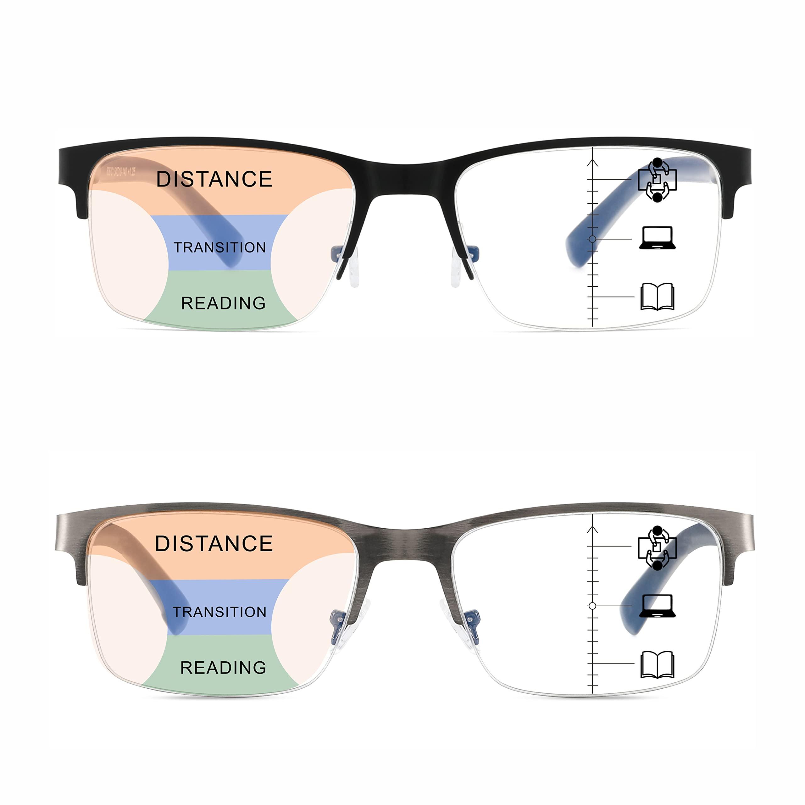 SUNAMOY Multifocus Reading Glasses Men Progressive Multifocal Blue Light Computer Reader Half Frame Metal Extra Wide Eyeglasses No Line Bifocals Large Designer Cheaters Transition Square Eyewear 2packs 1.25