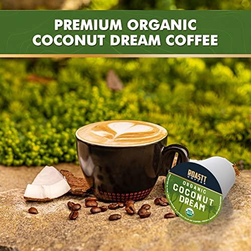 Roastt Coffee Organic Coconut Coffee Pods for Keurig K Cup Compatible Brewers, Organic Medium Roast Caffeinated Coconut Coffee Pods, Brew Hot or over Ice, Compatible with K-Cups and Keurig Brewing Machines Pack of 