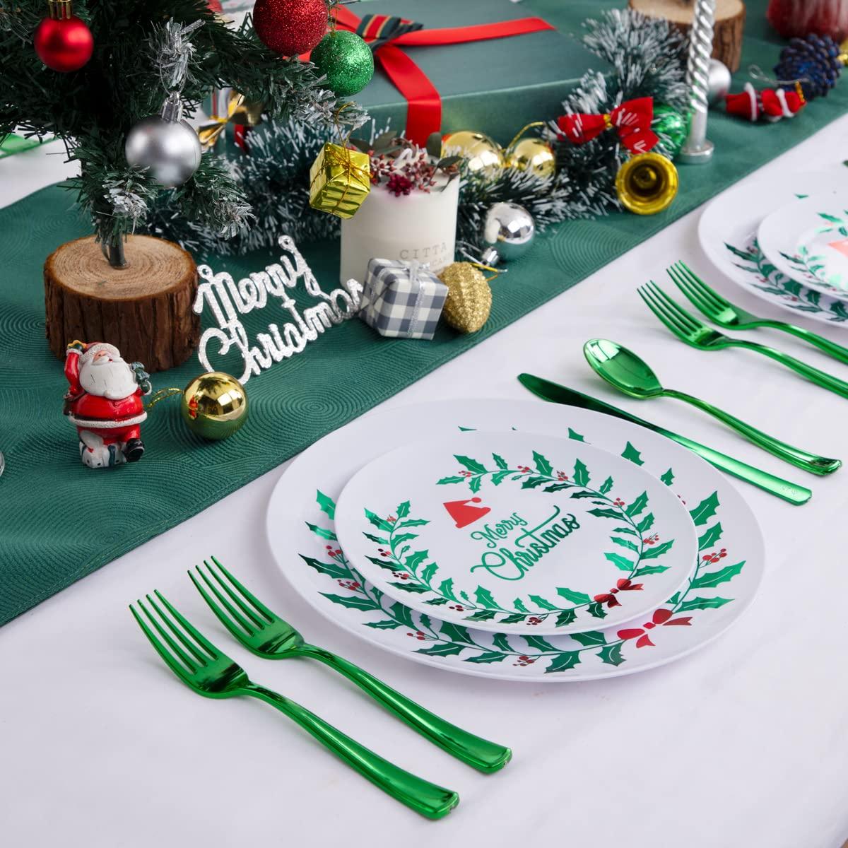 DaYammi DaYammi 60 PCS Christmas Plates White and Green Plastic Plates Red and Green Christmas Disposable Party Plates Include: 30 Christmas Dinner Plates 10.25\", 30 Dessert Plates 7.5\" for Christmas Party