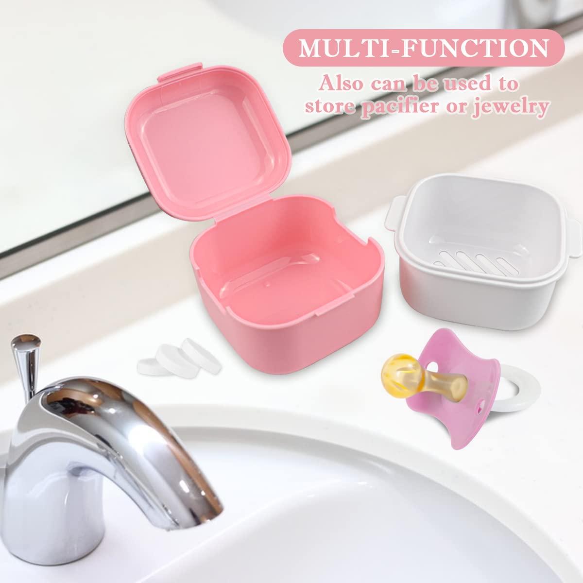 FERCAISH Denture Soak Container, Portable Denture Bath Box Cup, No-Leak Denture case,Retainer Cleaning Box Complete Clean Care for Dentures, Clear Braces, Mouth Guard, Night Guard & Retainers(Red)