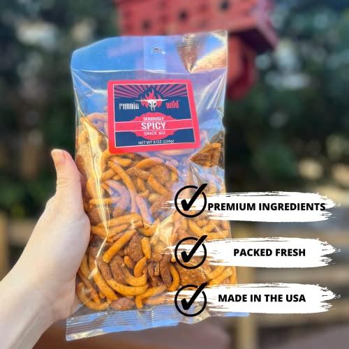 RunninWild Spicy Snack Mix | Party Mix including hot Cajun corn sticks, roasted peanuts, and cheddar cheese sesame sticks | Runnin' Wild Foods, 1.5 Pounds Total (Box of 3 bags, 8oz each)