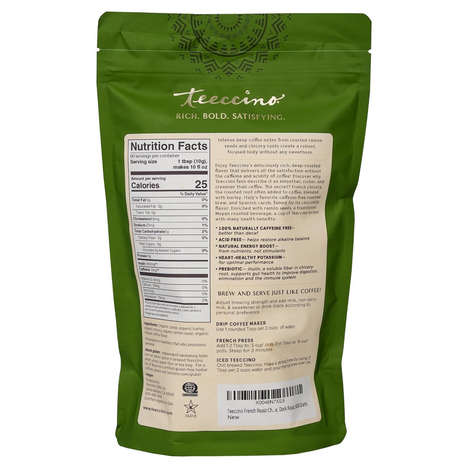 Teeccino Teeccino French Roast Chicory Coffee Alternative - Ground Herbal Coffee Thats Prebiotic, Caffeine-Free & Acid Free, Dark Roast, 1.1 Pound