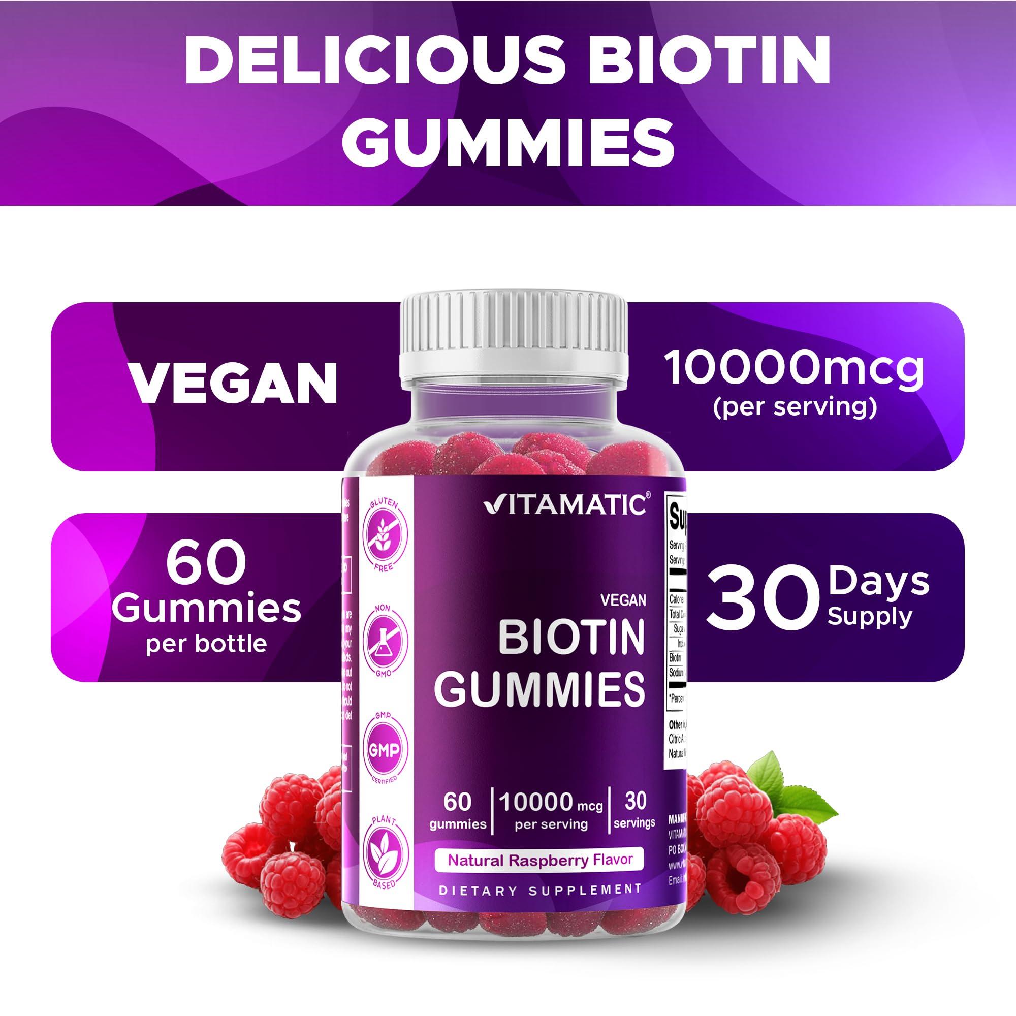 Vitamatic Vitamatic Biotin Gummies 10,000 mcg for Stronger Hair, Skin & Nails - 60 Vegan Gummies - Also Called Vitamin B7 (6 Bottles)
