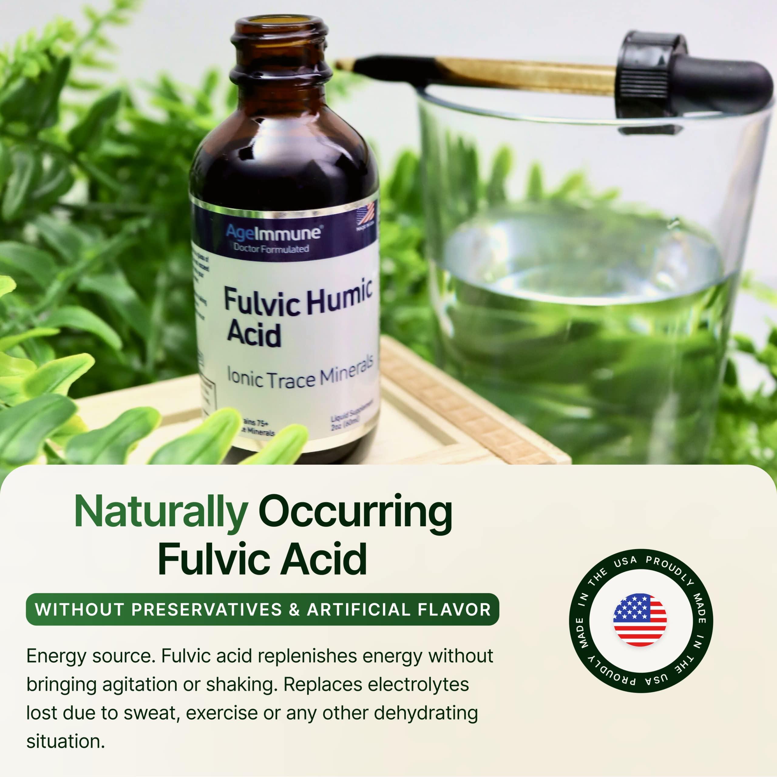 AgeImmune Fulvic Humic Acid Liquid Supplement. Plant Derived Mineral Drops, Over 75 Trace Minerals for Energy Boost. Up to 8 Months Supply. Concentration 250%. 2oz Each. 2 Bottles.