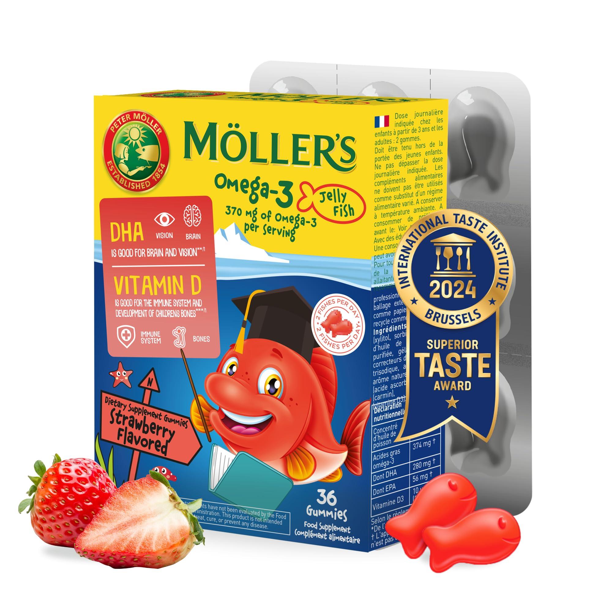 MLLER\'S Mollers | Omega 3 Capsules for Children | Natural Fish Oil Omega 3 Fish Oil for Kids | with DHA and EPA, No Gluten, Lactose or Added Sugar & Easy to Chew | Strawberry Flavor | 36 Capsules