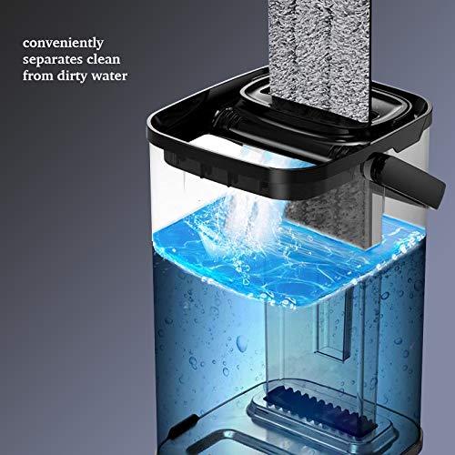 Rhodium Floors Black Flat Floor Mop and Bucket Set, Stainless Steel Bucket and Telescopic Handle, 2 Washable Mop Pads, Professional Home and Office Cleaner for All Types of Floors, Hardwood, Laminate, Tile