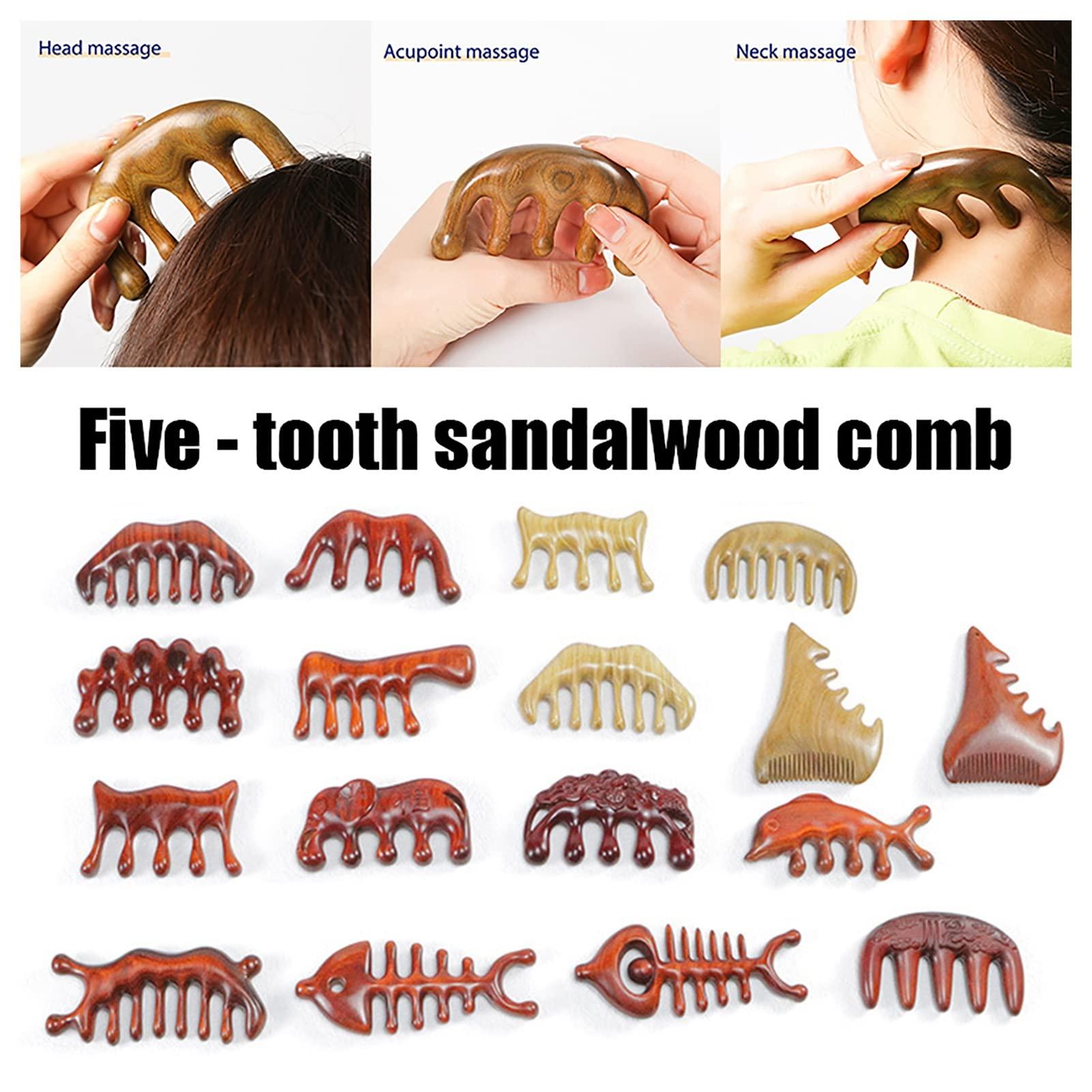 leasote Natural Sandalwood Wood Massage Hair Comb, 5/8 Teeth Meridian Head Scalp Massage Comb Anti-static, Body Massager for Men and Women I