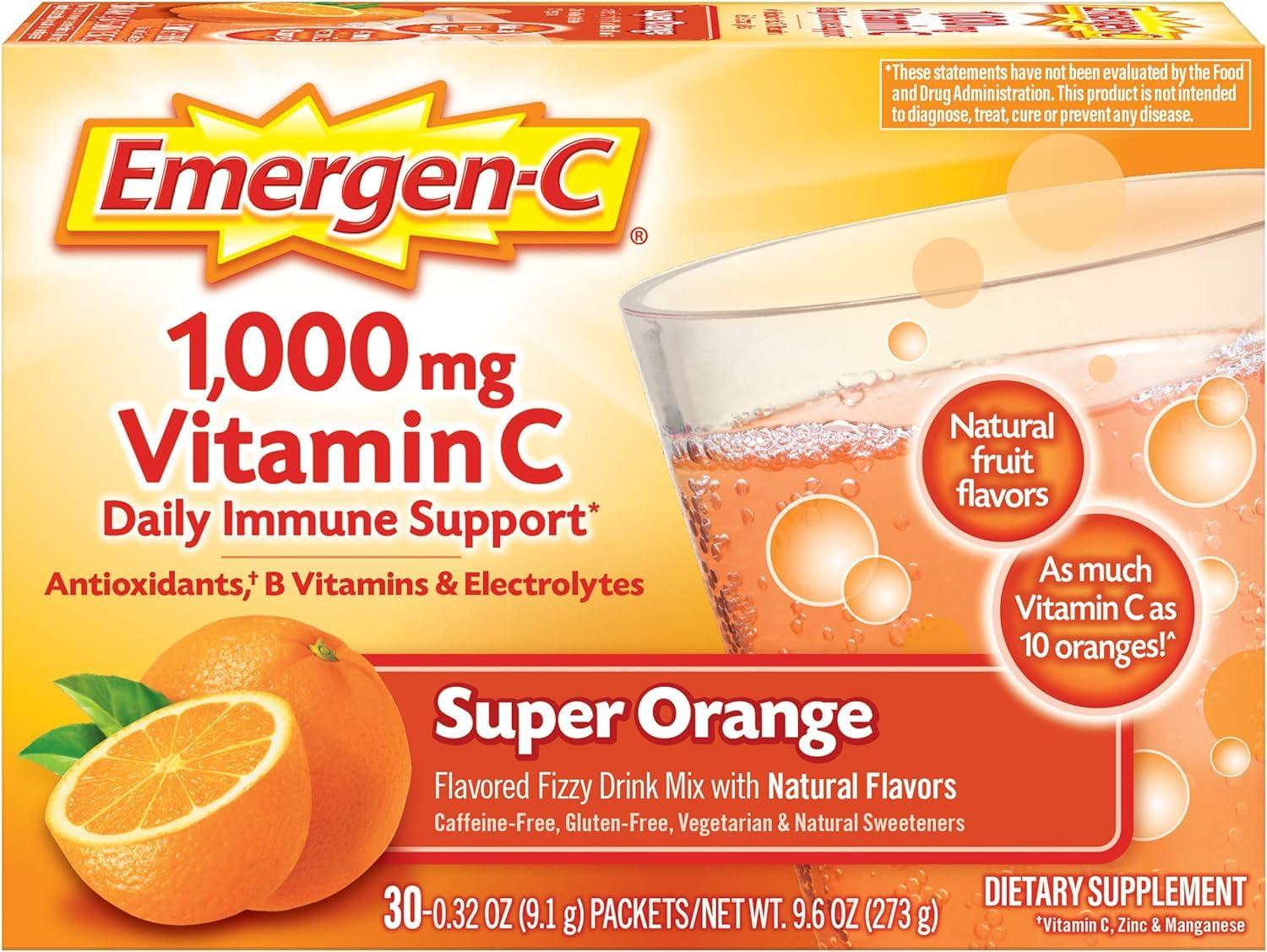 Emergen-C Emergen-C 1000mg Vitamin C Powder for Daily Immune Support Caffeine Free Vitamin C Supplements with Zinc and Manganese, Super Orange Flavor - 30 Count