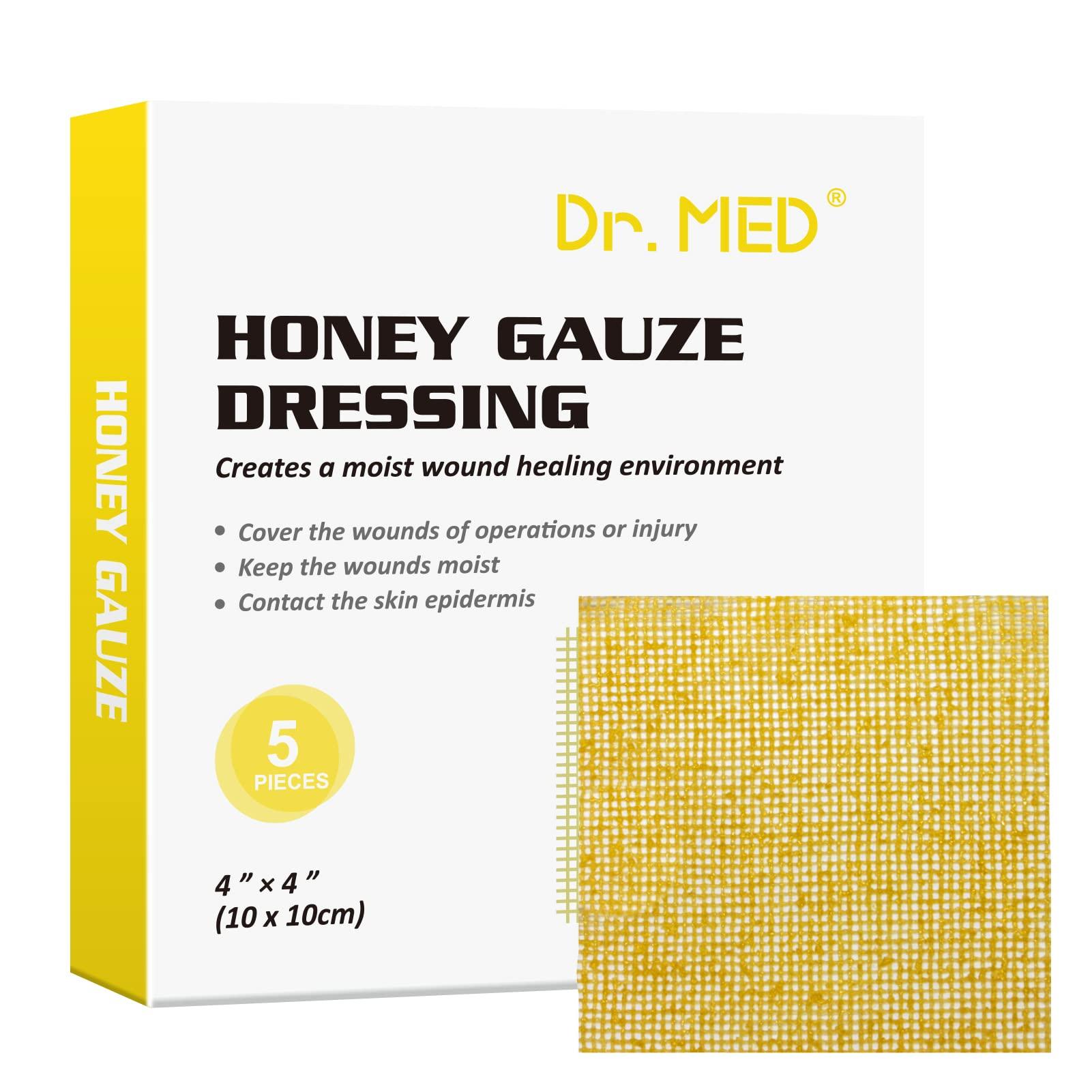Dr. Med Dr. Med Manuka Honey Gauze Dressing 4\" x 4\", (5 PCS/Box) Honey Medical Bandage Wound Care Patch for Minor Abrasions, Cuts, Lacerations, Scald and Burns for Wound Healing, Chemical and Drug Free