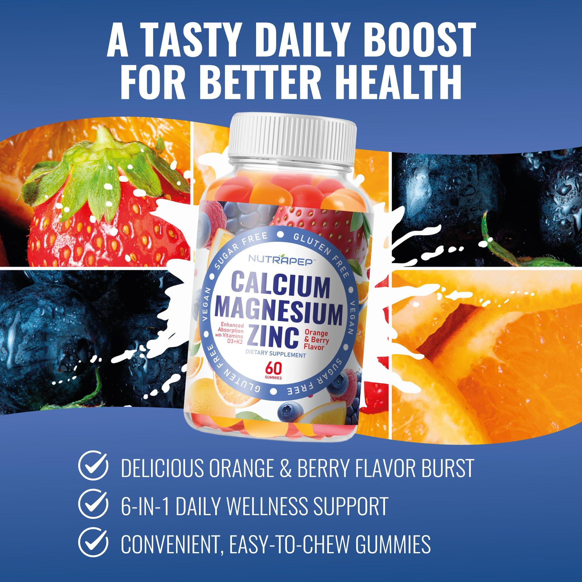 NutraPep Calcium Magnesium Zinc Supplement Gummies - with Vitamin D3 K2 Magnesium Glycinate - Orange Berry Flavored Vegan Sugar-Free Gluten Free Chewable for Men Women Kids